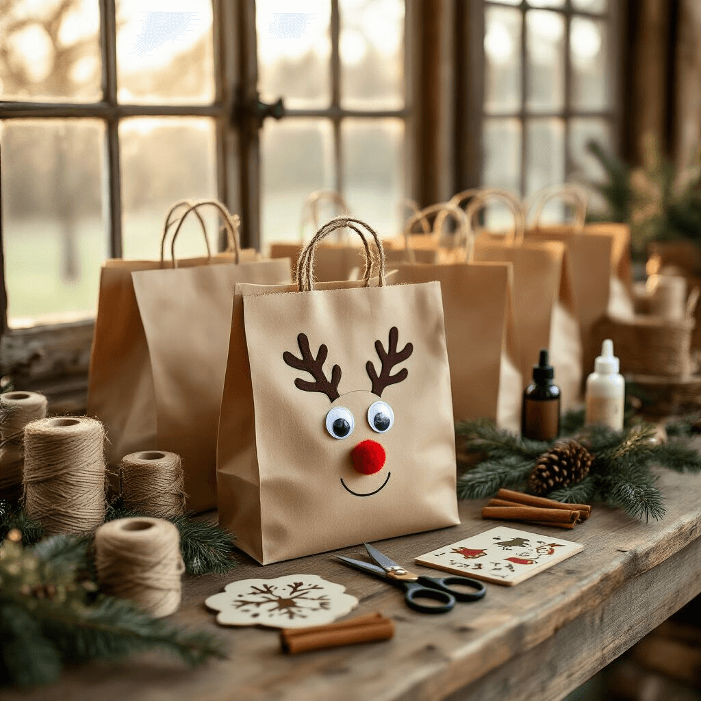 Gift Bag Ideas That'll Make Your Presents Look Actually Good A rustic Christmas gift wrapping station featuring kraft paper bags on a wooden table, illuminated by golden hour light. The scene includes spools of jute twine, acrylic paint bottles, holiday stencils, and decorative scissors, with a handmade reindeer-themed gift bag in the foreground adorned with googly eyes and a red pom-pom nose, surrounded by pine sprigs and cinnamon sticks, all in a warm, cozy atmosphere.
