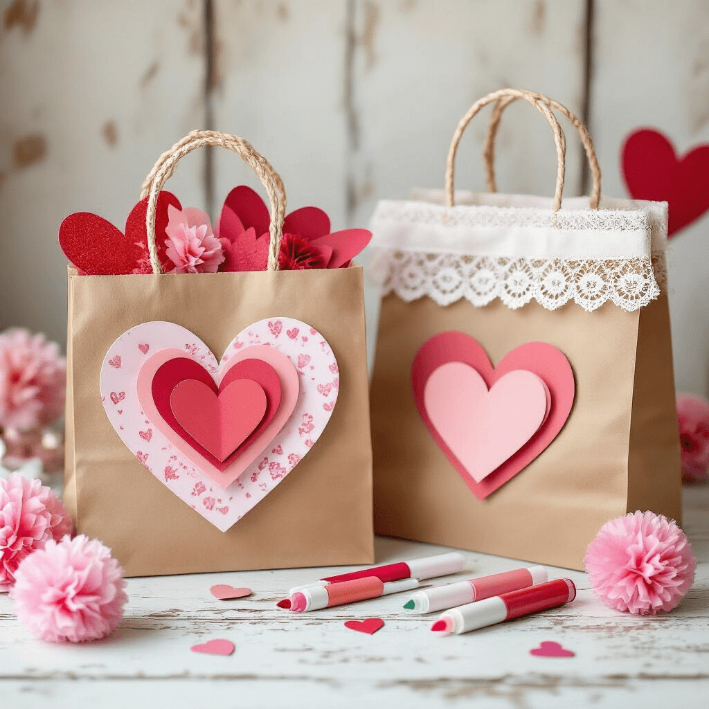 Gift Bag Ideas That'll Make Your Presents Look Actually Good Whimsical Valentine's Day gift bag design station featuring blush pink and crimson craft supplies, heart-shaped paper cutouts, watercolor markers, and decorative pom-poms on a distressed white wooden surface, with bags showcasing layered paper hearts and lace trim, illuminated by soft, diffused natural light.