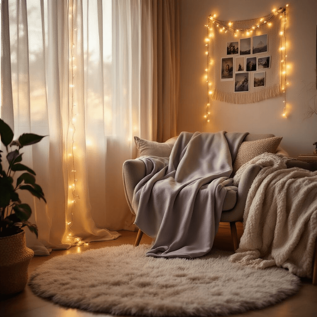 The Ultimate Christmas Gift Guide for Teenage Girls That'll Actually Make You Look Cool A cozy teenage bedroom bathed in golden hour light, featuring a plush hoodie on a mid-century chair, warm LED strip lights, a muted wall tapestry, a delicate photo collage adorned with fairy lights, and a fuzzy rug surrounded by throw pillows, creating a serene and personalized sanctuary.