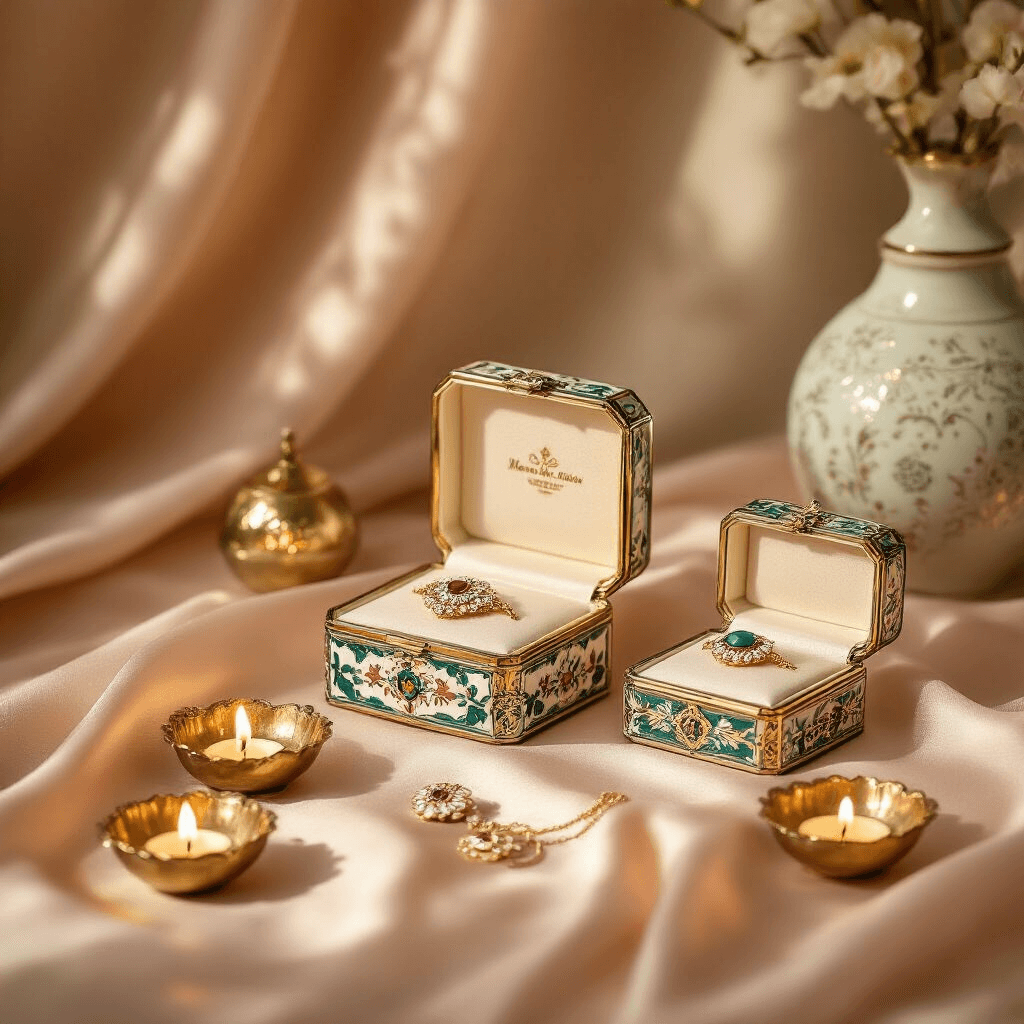 Return Gift Ideas That'll Actually Make Your Guests Happy (Not End Up in Their Junk Drawer) A flat lay of hand-painted Meenakari enamel jewelry boxes on a soft blush silk tablecloth, accompanied by brass diya holders, under warm evening lighting with a ceramic backdrop featuring metallic accents, showcasing intricate craftsmanship and elegant presentation.