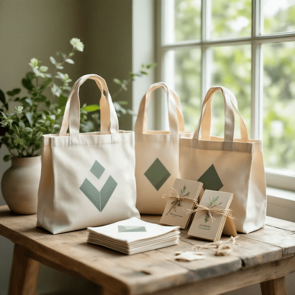 Return Gift Ideas That'll Actually Make Your Guests Happy (Not End Up in Their Junk Drawer) Modern eco-friendly party favor display with neatly folded canvas tote bags featuring minimalist geometric prints, plantable seed packets tied with natural twine, on a rustic wooden table under soft natural daylight, in a neutral palette of sage green, cream, and light wood tones.