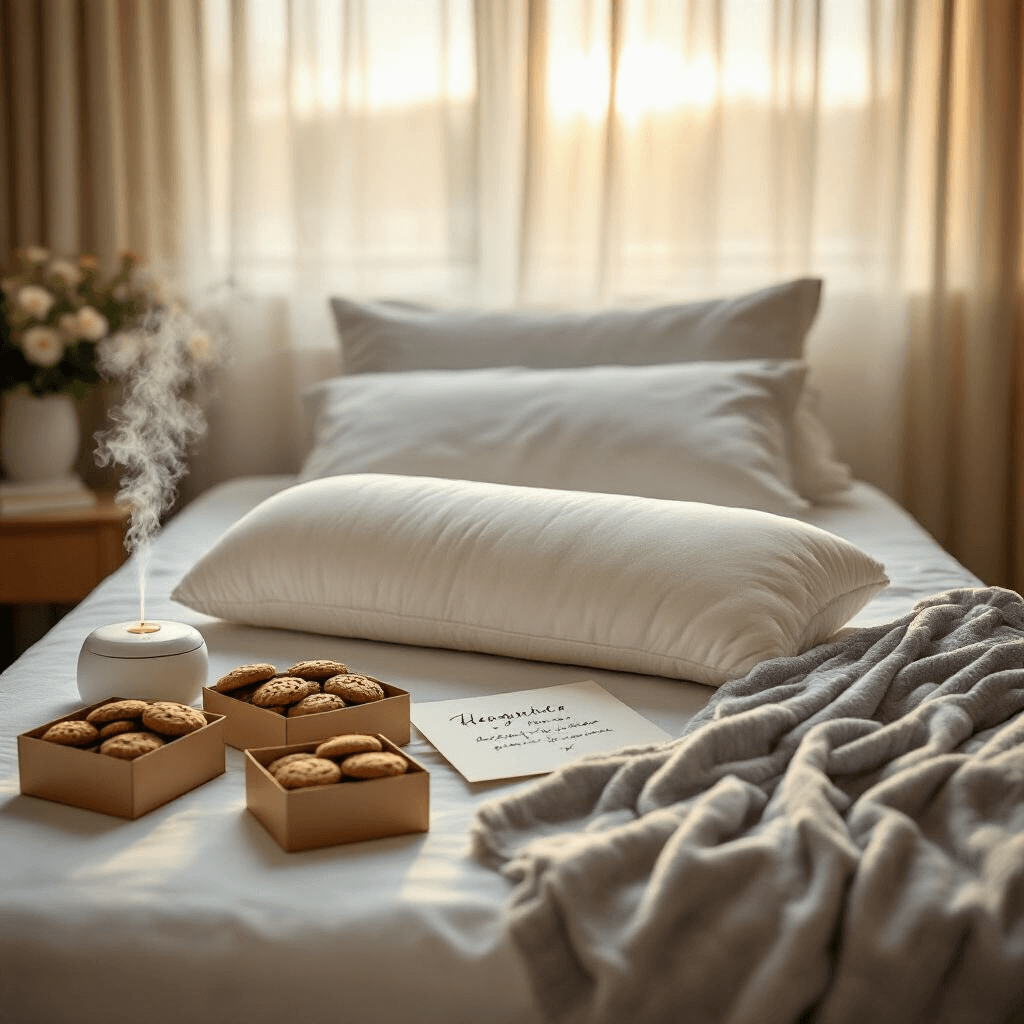 The Get-Well Gift Guide Nobody Asked For (But Everyone Needs) A cozy hospital recovery room bathed in golden hour light, featuring a plush body pillow on a white bed, gourmet cookie boxes, a lavender essential oil diffuser, a handwritten card, a fuzzy weighted throw blanket, and neatly folded luxe pajamas, creating a warm and inviting atmosphere.