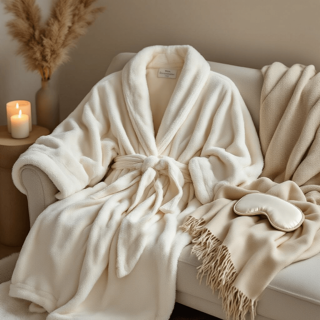 The Ultimate Gift Guide for Your Sister: Ideas She'll Actually Love (Not Just Pretend To) A cozy winter wellness setup showcasing a creamy ivory Brooklinen Super-Plush Robe draped over a minimalist chaise lounge, accompanied by a soft alpaca scarf and a 100% mulberry silk sleep mask, all enveloped in warm candlelight and a neutral color palette, emphasizing relaxation through layers of soft textures and gentle lighting.