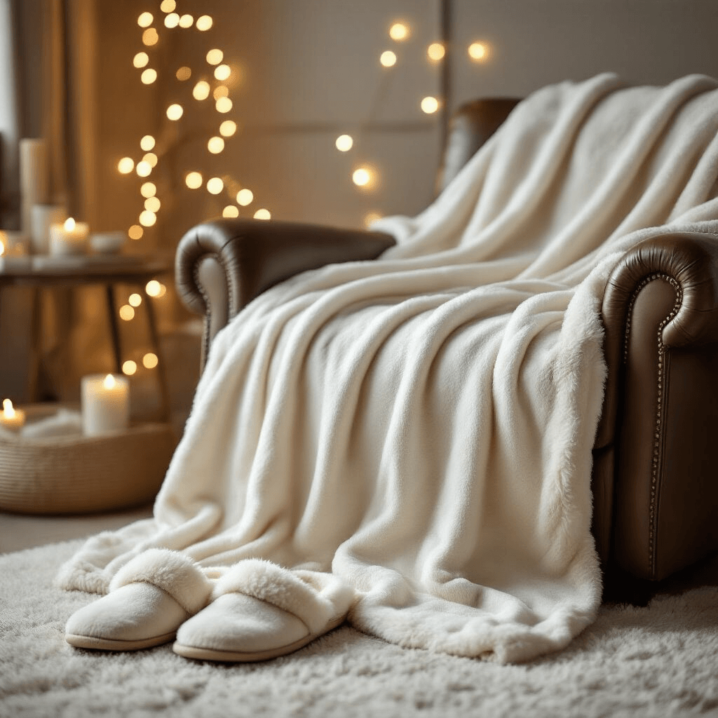 Valentine's Day Gift Ideas That Actually Show You Care (Not Just Another Candle) A luxurious home comfort scene showcasing a high-end electric blanket elegantly draped over a modern leather armchair, with soft fairy lights creating an ambient mood and plush fuzzy slippers beside it, all in a warm ivory and soft gray color palette, emphasizing texture and comfort in a close-up detail shot under professional studio lighting.