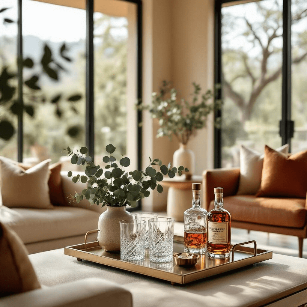 Birthday Gift Ideas That'll Actually Make Someone's Day (Not End Up in a Drawer) A stylishly curated gift scene featuring a modern minimalist living room with warm terracotta and cream hues, showcasing a vintage-inspired bar cart adorned with crystal glassware, artisan cocktail tools, small batch bourbon, and fresh eucalyptus sprigs, all bathed in soft natural light.