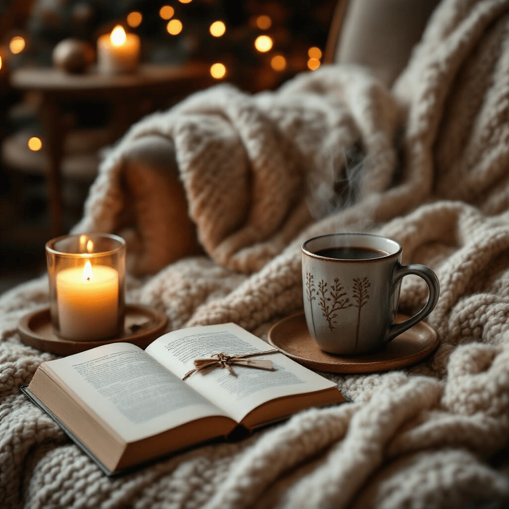 Teacher Christmas Gift Ideas That'll Actually Make Them Smile (Not Another "World's Best Teacher" Mug) An overhead view of a cozy living room during winter break, featuring a plush throw blanket draped over a reading chair, a steaming mug of artisan coffee, an open book with a delicate bookmark, and a beautifully crafted gift card envelope, all illuminated by soft candlelight in a warm terracotta and sage color scheme.