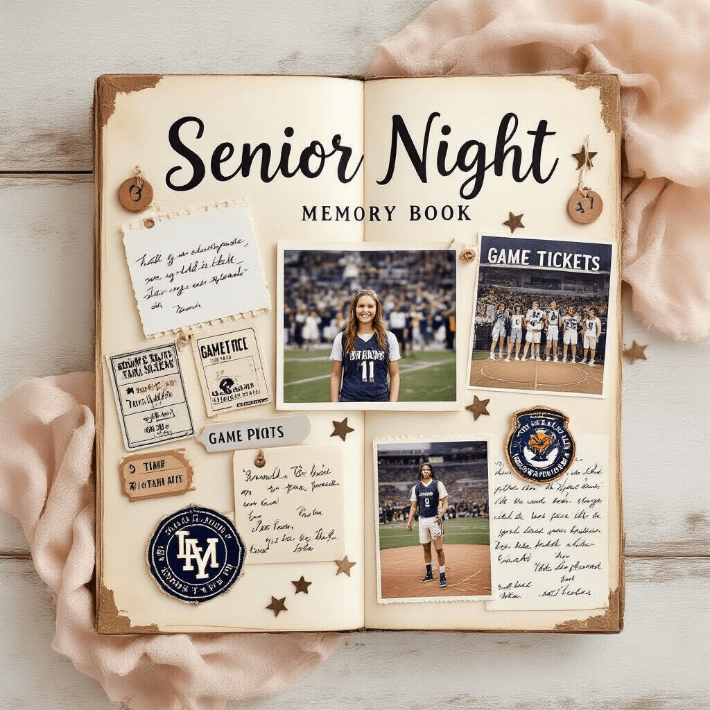 Senior Night Gift Ideas That'll Make Your Athletes Feel Like Champions Overhead view of a senior night memory book on a vintage wooden surface, featuring handwritten notes, game tickets, team photos, and mementos arranged with soft natural light, in a blush and cream color palette.