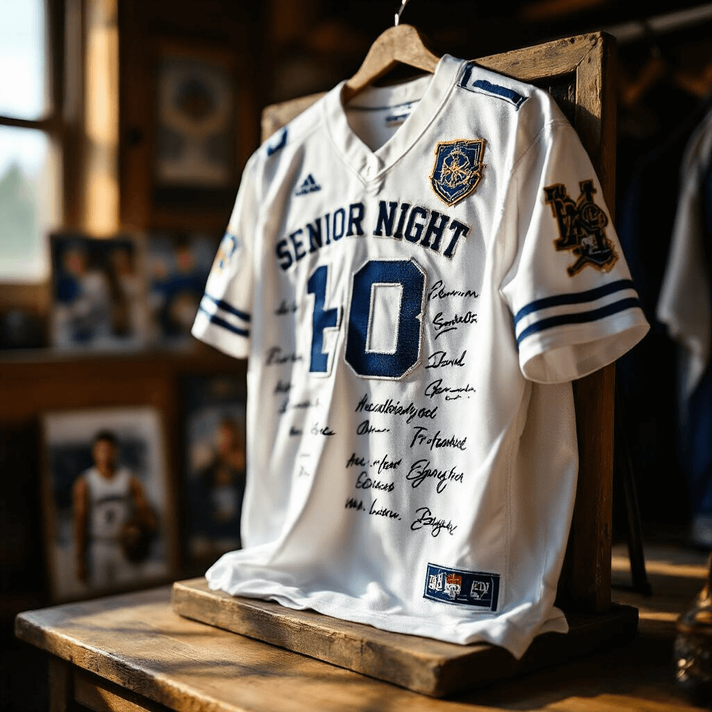 Senior Night Gift Ideas That'll Make Your Athletes Feel Like Champions Close-up of a custom senior night jersey on a vintage wooden stand, showcasing embroidered nicknames, heat-pressed signatures, and stitched milestone patches, illuminated by afternoon sunlight in a rustic locker room setting with blurred team photos and memorabilia.