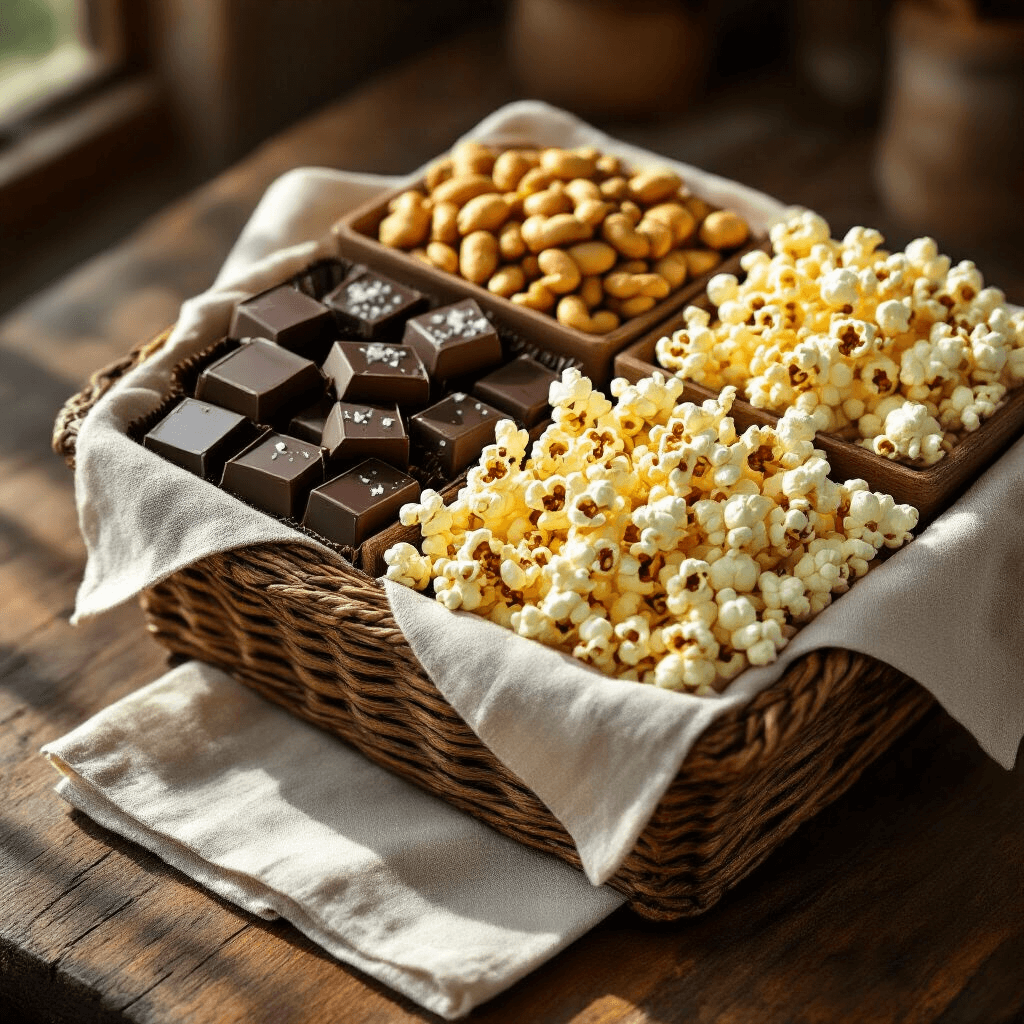 The Guy's Guide to Gift Baskets That Don't Suck: Real Ideas Men Actually Want A beautifully arranged gourmet snack basket on a rustic wooden kitchen island, showcasing artisanal dark chocolates, sea salt cashews, and gourmet popcorn, illuminated by warm golden hour lighting, with a crisp linen napkin underneath, all in an earthy color palette.