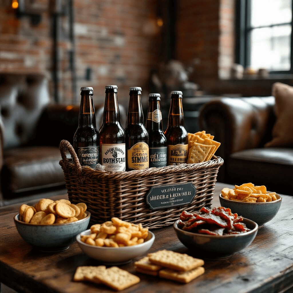 The Guy's Guide to Gift Baskets That Don't Suck: Real Ideas Men Actually Want A craft beer gift basket featuring small-batch brewery bottles and gourmet snacks is displayed in an industrial chic living room with an exposed brick wall and a leather armchair, illuminated by soft amber lighting, showcasing close-up details of the beer labels and the textures of crackers and jerky.