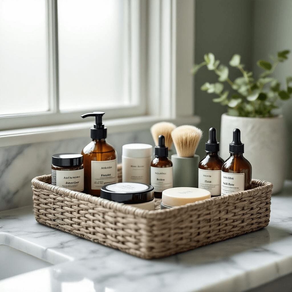 The Guy's Guide to Gift Baskets That Don't Suck: Real Ideas Men Actually Want A contemporary bathroom scene featuring a men's grooming basket with beard oils, face wash, and moisturizers in paint can packaging, arranged with geometric precision on marble countertops, illuminated by natural light through a frosted window, showcasing intricate product details in a soft neutral color palette of grays, whites, and muted greens.