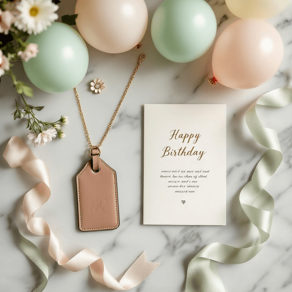 The Gift-Giving Struggle Is Real: Let Me Help You Find Something Your Friend Will Actually Love Overhead flat-lay of a personalized birthday gift arrangement on a marble countertop, featuring a monogrammed leather luggage tag, a birth month flower necklace, a handwritten card in soft calligraphy, scattered pastel birthday balloons, and silk ribbons in sage and ivory, all styled with modern minimalism and soft natural lighting.
