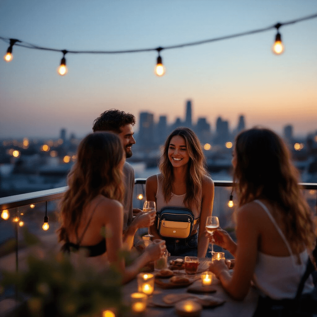 The Gift-Giving Struggle Is Real: Let Me Help You Find Something Your Friend Will Actually Love A group of friends celebrate on a rooftop terrace at twilight, showcasing the lululemon Everywhere Belt Bag in various colors against a softly glowing backdrop of fairy lights and a city skyline, reflecting friendship and modern fashion in a warm, nostalgic aesthetic.