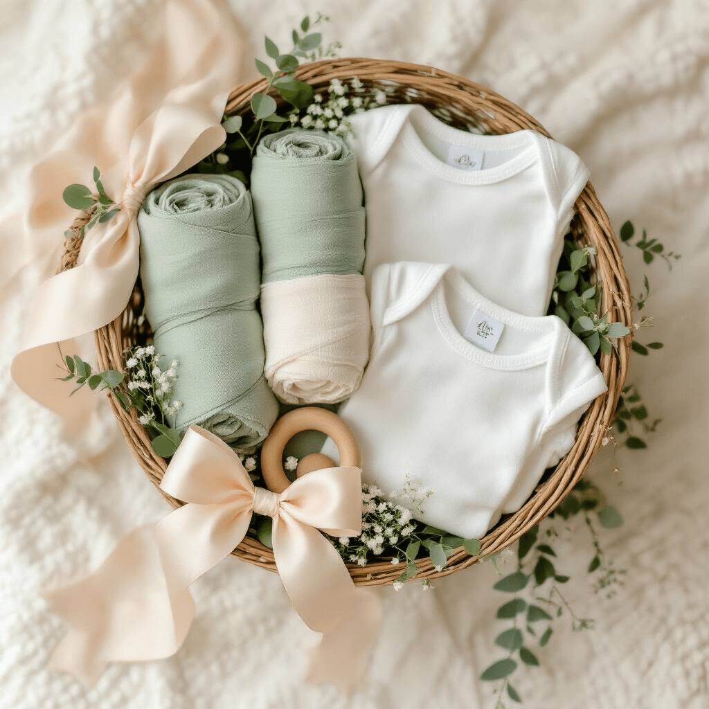 Baby Shower Basket Gift Ideas That New Parents Actually Want A luxurious baby shower gift basket filled with rolled muslin swaddles, white onesies, a wooden teether, and tummy time cards, photographed from above on a soft white surface with natural golden hour lighting, accented with pale blush ribbon and greenery.