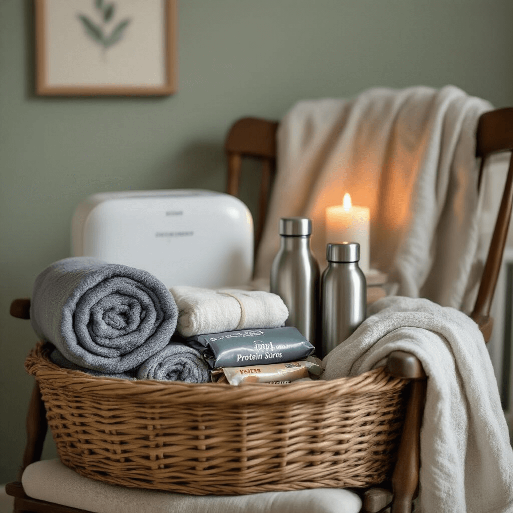 Baby Shower Basket Gift Ideas That New Parents Actually Want A cozy nursery scene with a midnight survival basket on a vintage rocking chair, featuring rolled burp cloths, a white noise machine, stacked protein bars, a stainless steel water bottle, and a soft muslin swaddle, all illuminated by warm candlelight against a sage green wall.