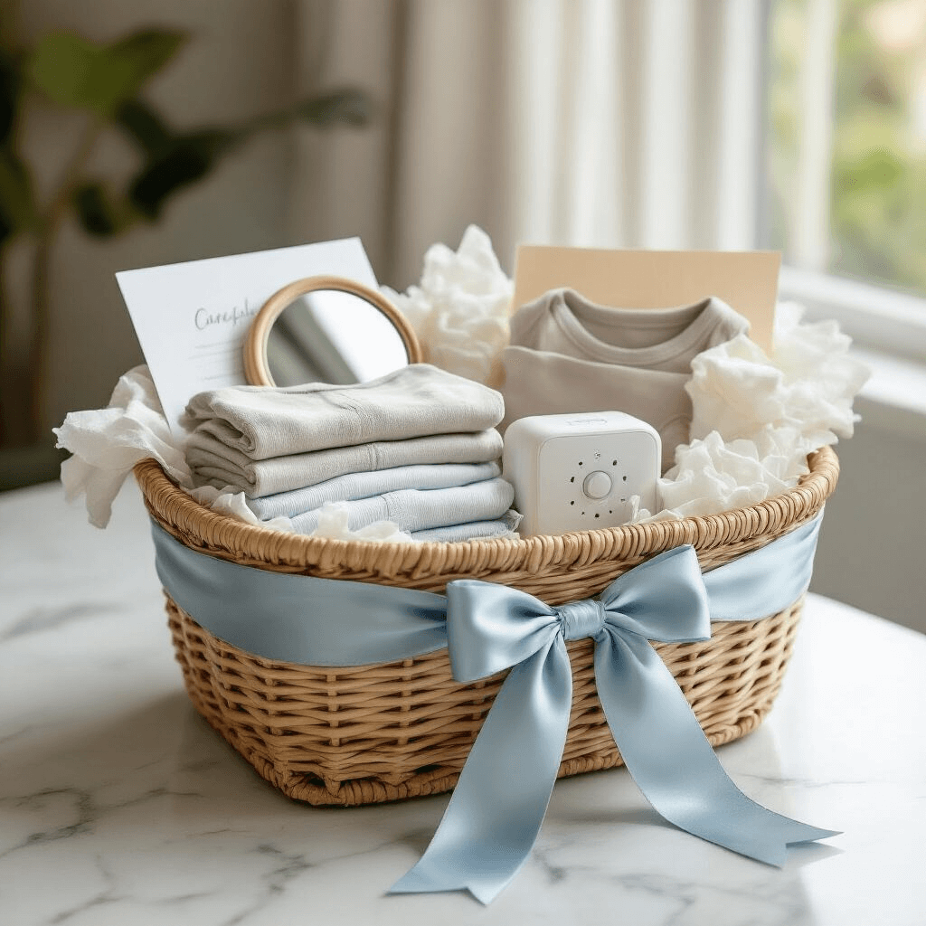 Baby Shower Basket Gift Ideas That New Parents Actually Want A beautifully arranged car kit baby basket on a marble countertop, featuring a backseat mirror, neutral onesies, a wet bag, wipes, a white noise device, crinkle paper, and a dusty blue ribbon, illuminated by soft natural light.
