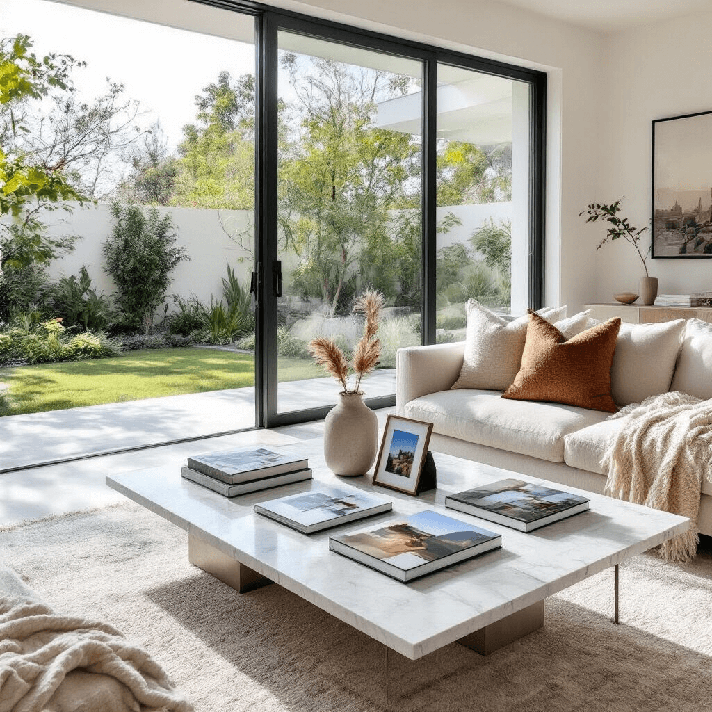 25 Photo Gift Ideas That'll Make Everyone Think You're a Thoughtful Genius A modern minimalist living room featuring white walls and floor-to-ceiling windows with a view of a lush garden. A marble coffee table displays vibrant travel metal prints, a contemporary photo book, and earthy photo coasters, all illuminated by soft natural light. Neutral throw pillows and a cashmere blanket add warmth to the space.