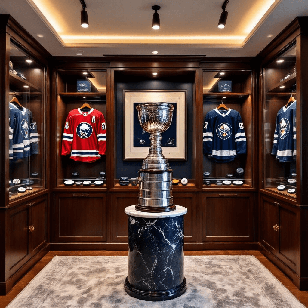 Stanley Cup Gift Ideas That'll Score Big With Hockey Fans A modern home office showcasing a stylish sports memorabilia display, featuring a glass-fronted mahogany cabinet with illuminated championship hockey pucks, signed jerseys in floating frames, and a limited edition Stanley Cup replica on a marble pedestal, all accented by rich terracotta and deep navy colors.