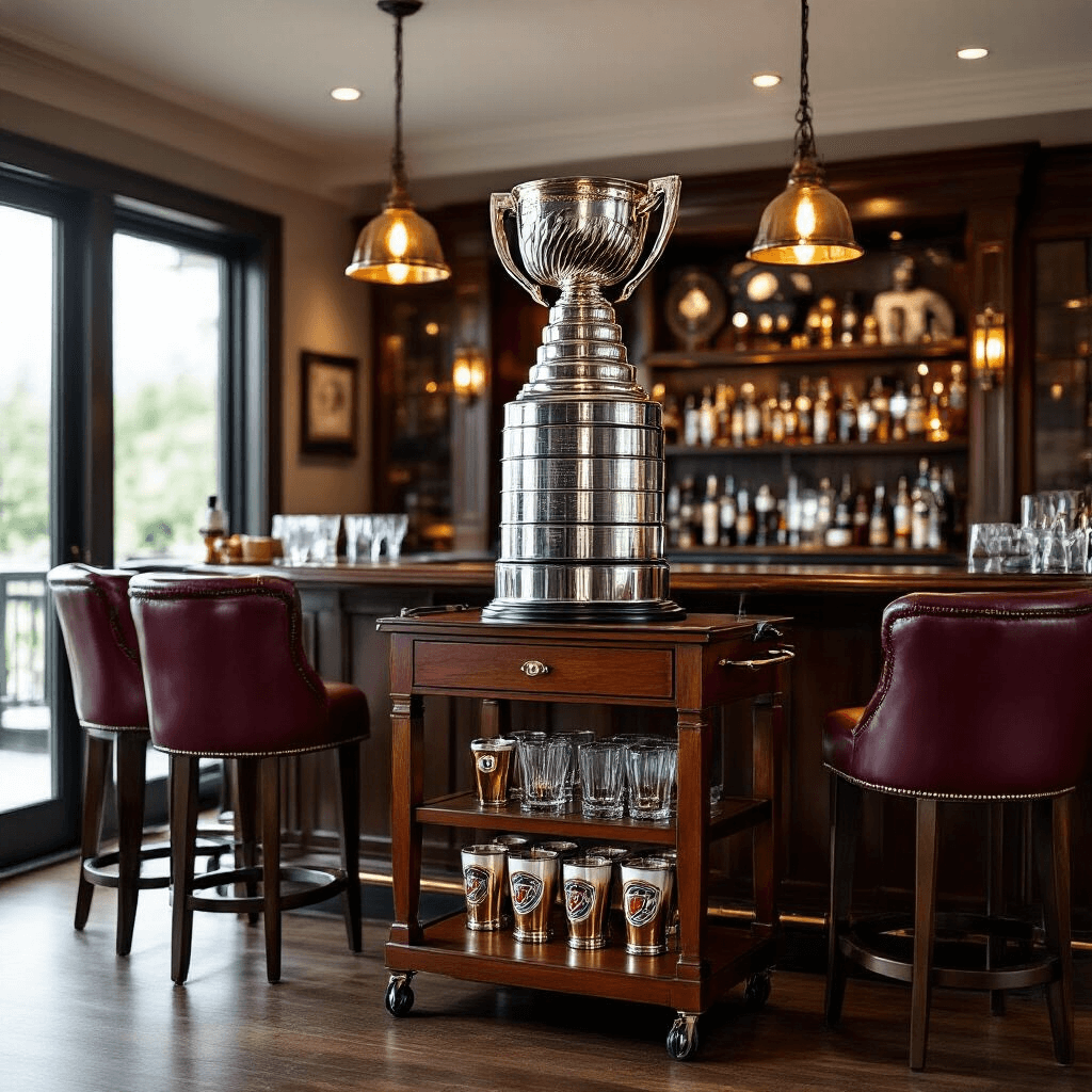 Stanley Cup Gift Ideas That'll Score Big With Hockey Fans A luxurious home bar area showcasing a life-sized Stanley Cup replica on a walnut bar cart, surrounded by championship pint glasses, with soft ambient lighting and deep burgundy leather bar stools, highlighting a sophisticated celebration of hockey memorabilia.