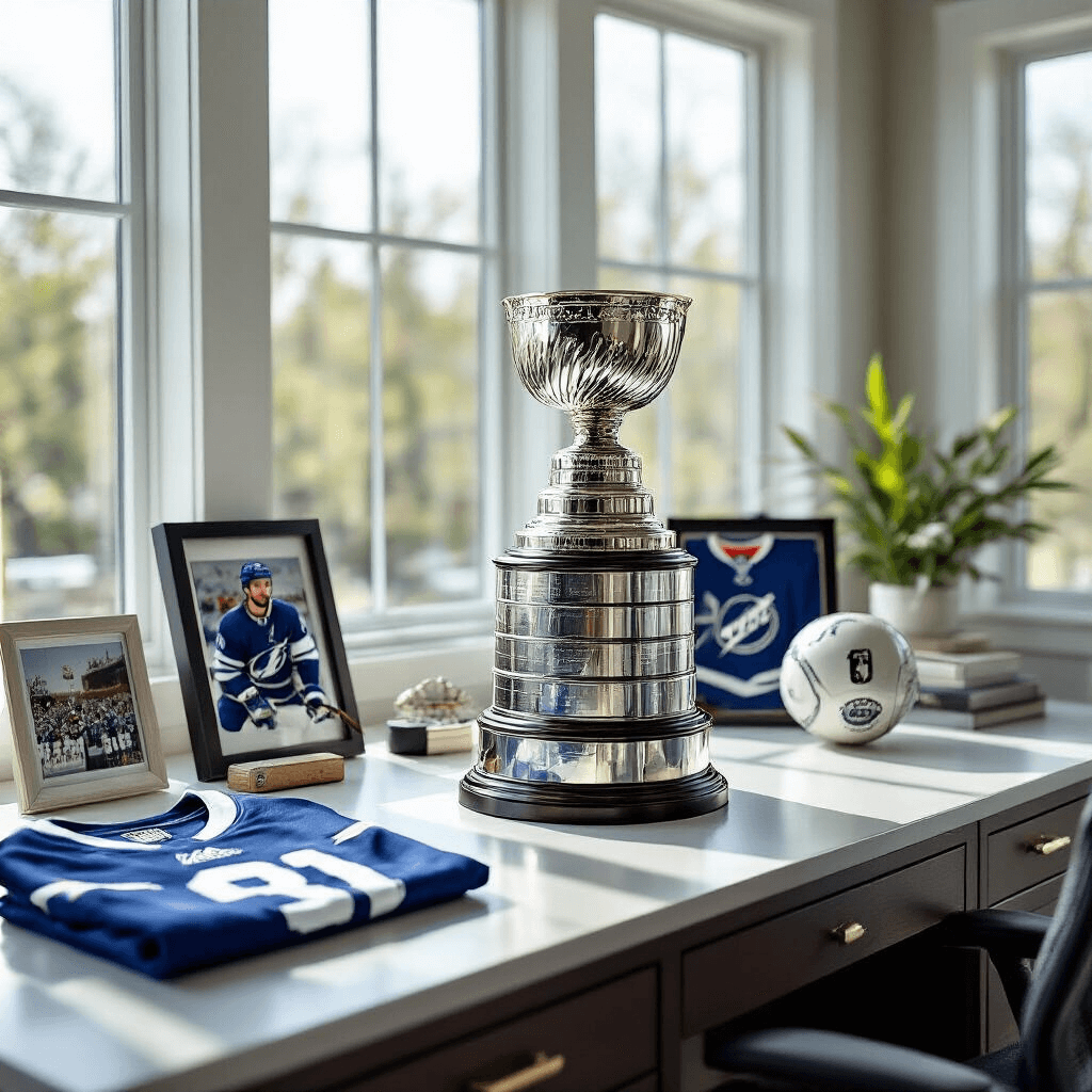 Stanley Cup Gift Ideas That'll Score Big With Hockey Fans An elegantly styled home office desk featuring a Stanley Cup replica trophy, signed player photograph, authenticated game puck, and a championship jersey in a glass frame, illuminated by natural daylight from large windows, in a white and silver color palette, viewed from an overhead perspective.