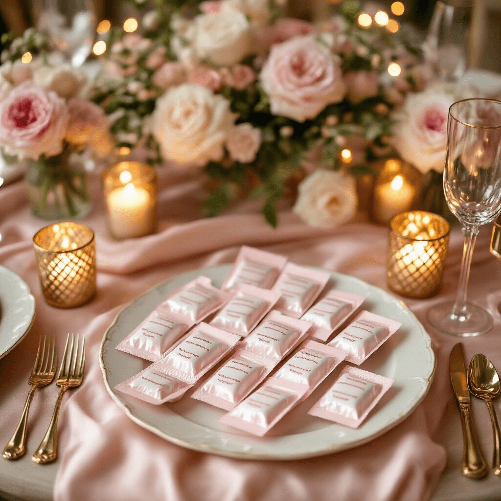 Condom Gift Ideas That'll Make Everyone Laugh (And Actually Get Used) A beautifully styled bachelorette party tablescape featuring hand-painted novelty condom party favors on blush pink silk linens, with delicate floral centerpieces and gold geometric candle holders, illuminated by soft evening lighting and fairy lights, photographed from above to highlight intricate details and textures.