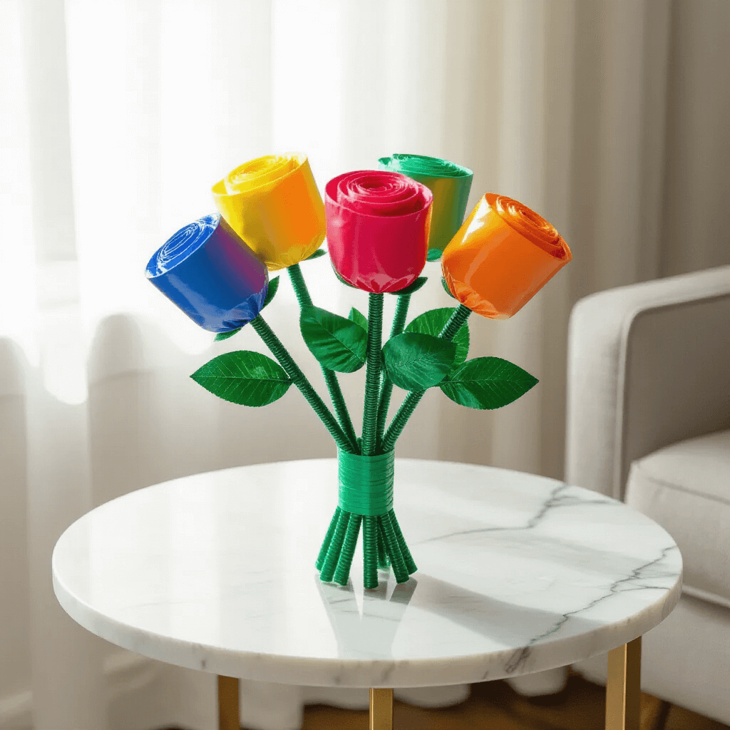 Condom Gift Ideas That'll Make Everyone Laugh (And Actually Get Used) A whimsical bouquet of five colorful rolled condoms arranged like roses on pipe cleaner stems, displayed on a white marble side table in a minimalist living room with soft natural light.
