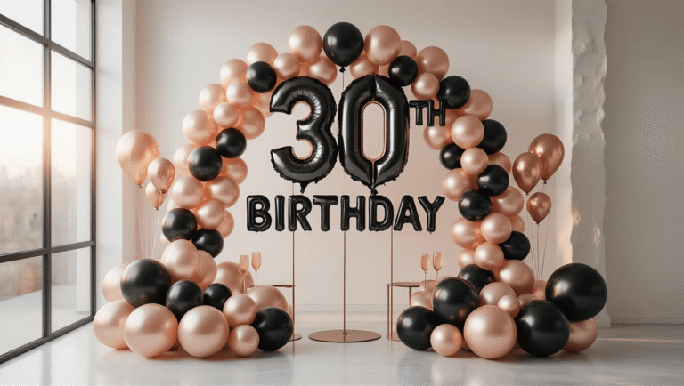 Transform Your Party: The Ultimate Guide to 30th Birthday Balloons Cinematic shot of a sophisticated 30th birthday balloon display featuring oversized rose gold and matte black balloons, surrounded by champagne and blush latex balloons, set in a modern minimalist interior with soft golden hour lighting and elegant decor.
