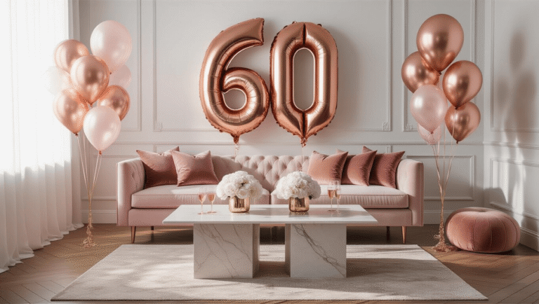 Stunning 60th Birthday Balloon Decorations: Your Ultimate Guide Elegant modern living room decorated for a 60th birthday celebration, featuring a dramatic rose gold "60" balloon display, blush pink velvet cushions on an ivory sofa, and a low marble coffee table with fresh white peonies, all bathed in soft morning light with a sophisticated color palette of rose gold, soft pink, cream, and white.