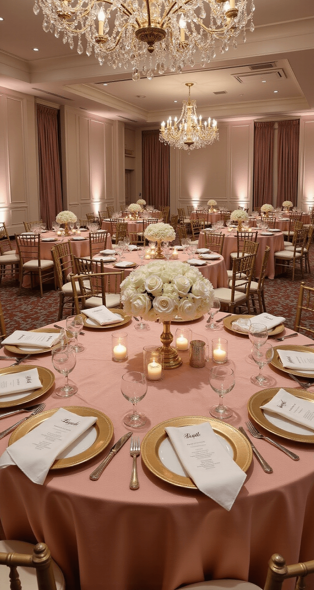 Complete Wedding Decoration: Transform Your Venue Into a Personalized Dream A luxurious wedding reception ballroom with blush pink and gold color palette, featuring elegant round tables with dusty rose velvet linens, crystal chandeliers, gold chiavari chairs with white rose centerpieces, and sophisticated table settings with gold-rimmed charger plates and calligraphy place cards, all bathed in soft candlelight.