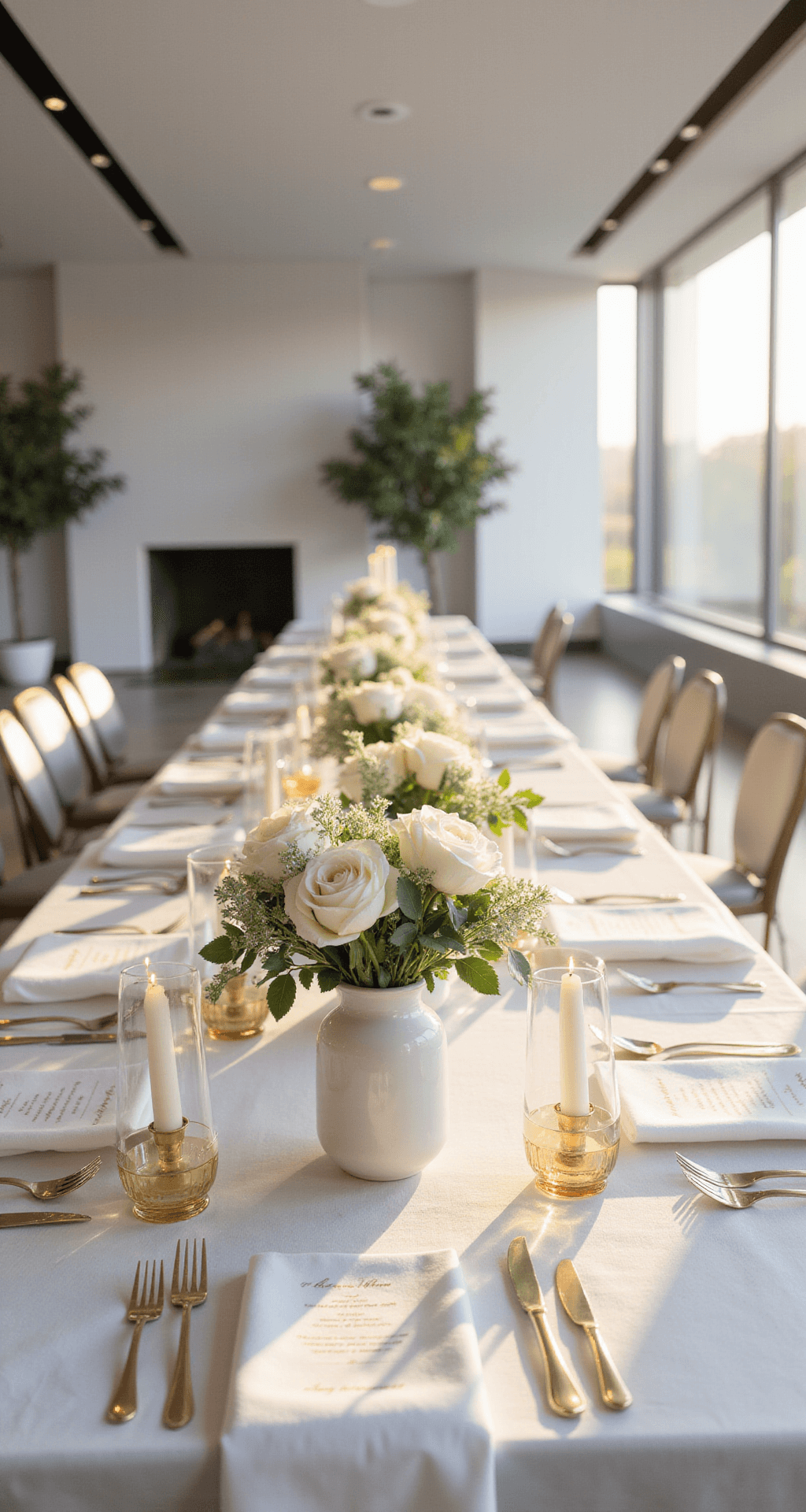 Minimalist Wedding Table Decor: Creating Elegant Simplicity That Steals the Show Elegant minimalist wedding reception featuring pristine white ceramic vases with single white roses and eucalyptus, gold taper candles in glass hurricanes, and a marble tabletop, all bathed in soft golden hour light.