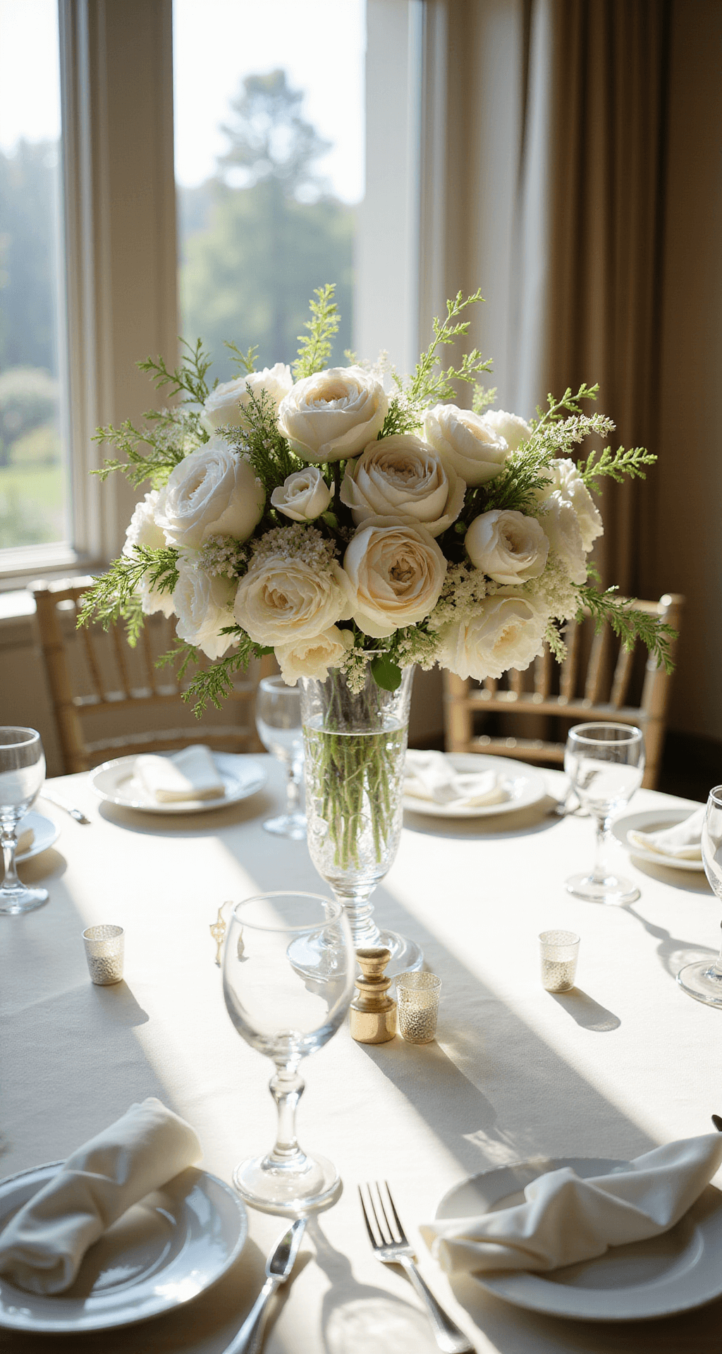 Timeless Wedding Decor: Elegant Elements That Never Go Out of Style Elegant all-white floral wedding centerpiece featuring peonies, roses, and lisianthus in a crystal vase, set on a beautifully arranged table with ivory linens, crystal candle holders, and silver flatware, illuminated by soft natural daylight in a luxurious ballroom.