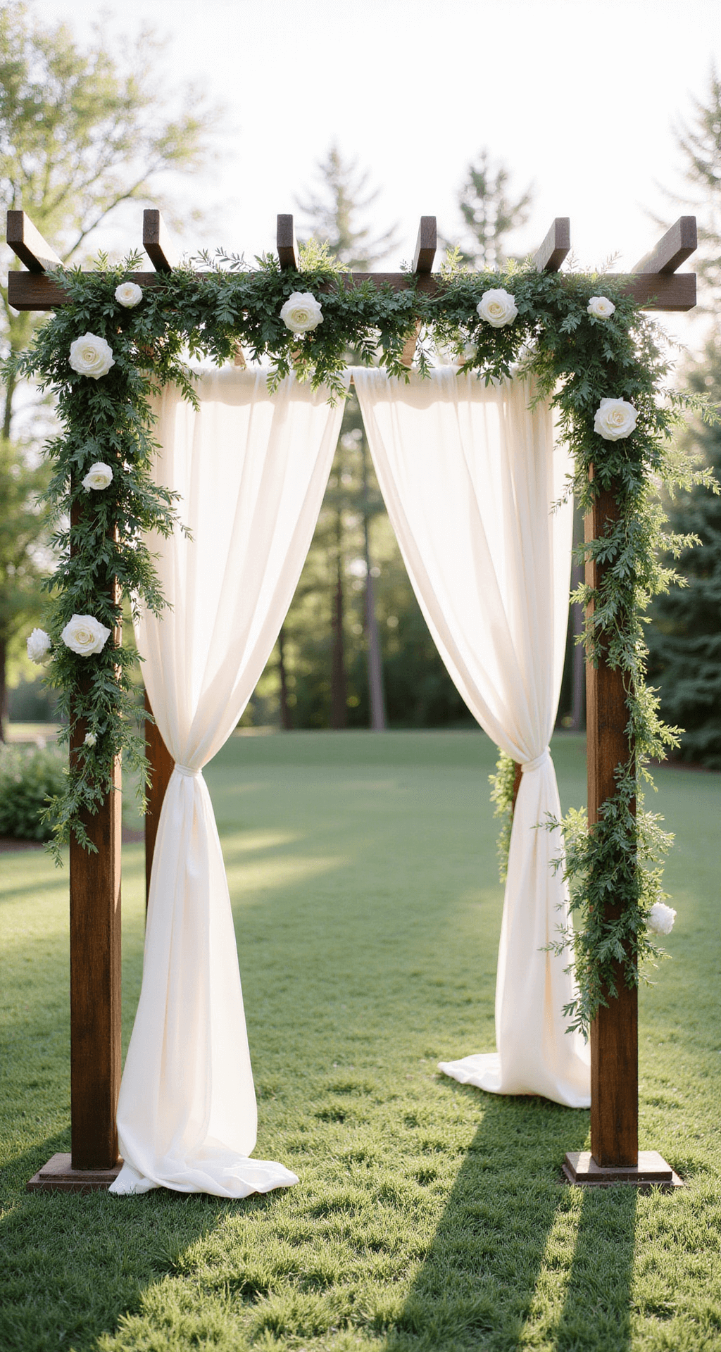Timeless Wedding Decor: Elegant Elements That Never Go Out of Style Ethereal wooden ceremony arch draped in ivory chiffon with cascading greenery and sparse white flowers, illuminated by soft morning light.