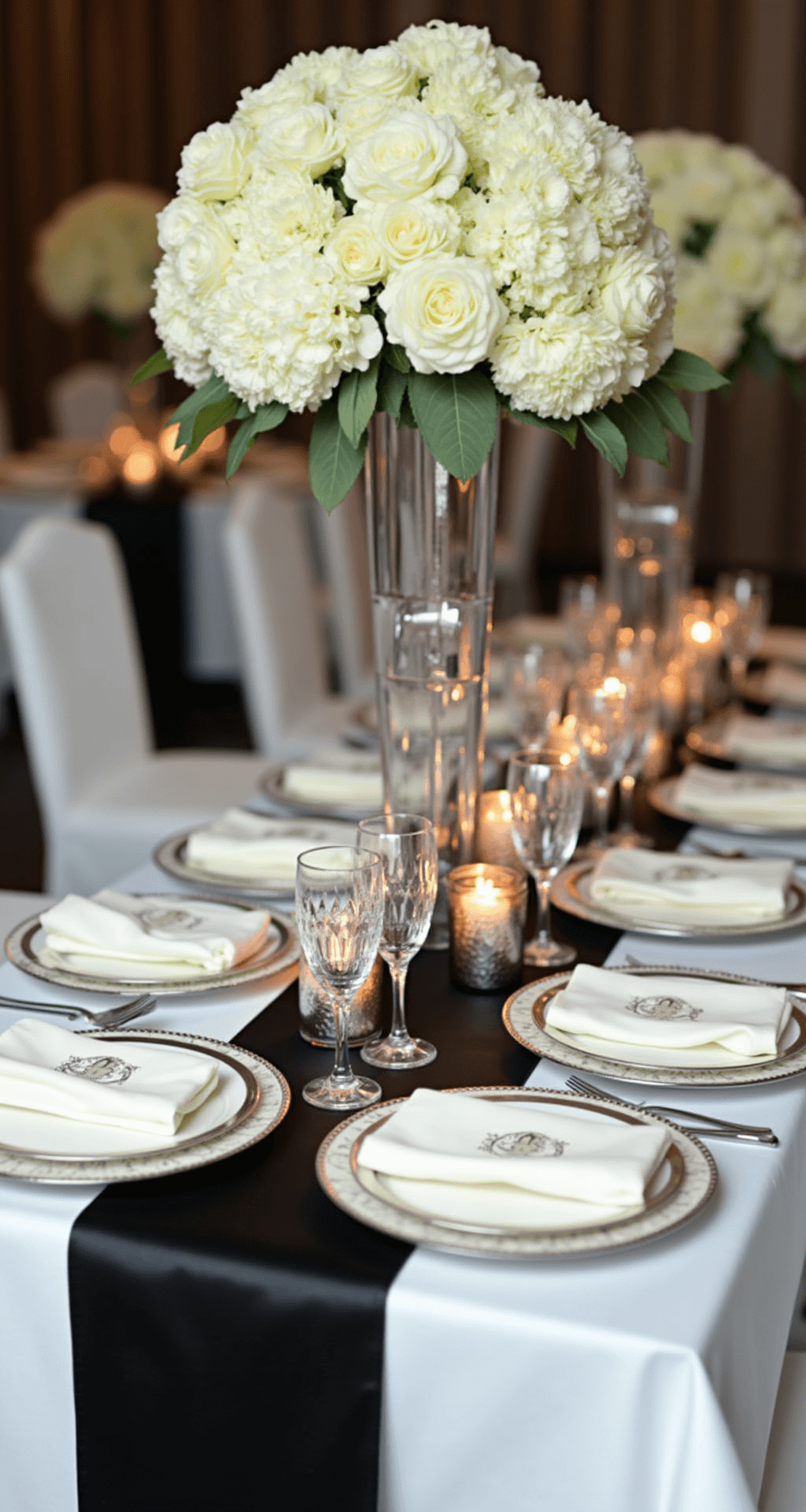 Timeless Wedding Decor: Elegant Elements That Never Go Out of Style Sophisticated black and white wedding reception tablescape with crisp white linens, a black silk runner, gleaming white china with platinum rims, crystal wine glasses, monogrammed ivory napkins, a minimalist white floral centerpiece, and soft candlelight in mercury glass votives.