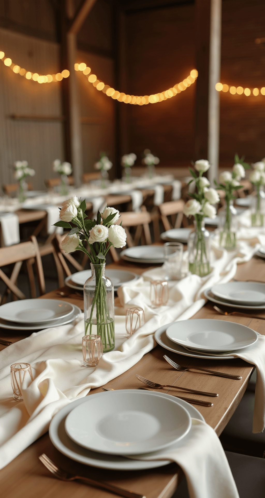 How to Master Simple Wedding Decor Without Sacrificing Elegance A minimalist rustic wedding reception in a barn, featuring cream-colored silk linens, single-stem white roses in tall vases, golden string lights, wooden tables, geometric copper table numbers, and sage green accents, creating an elegant and intimate atmosphere.