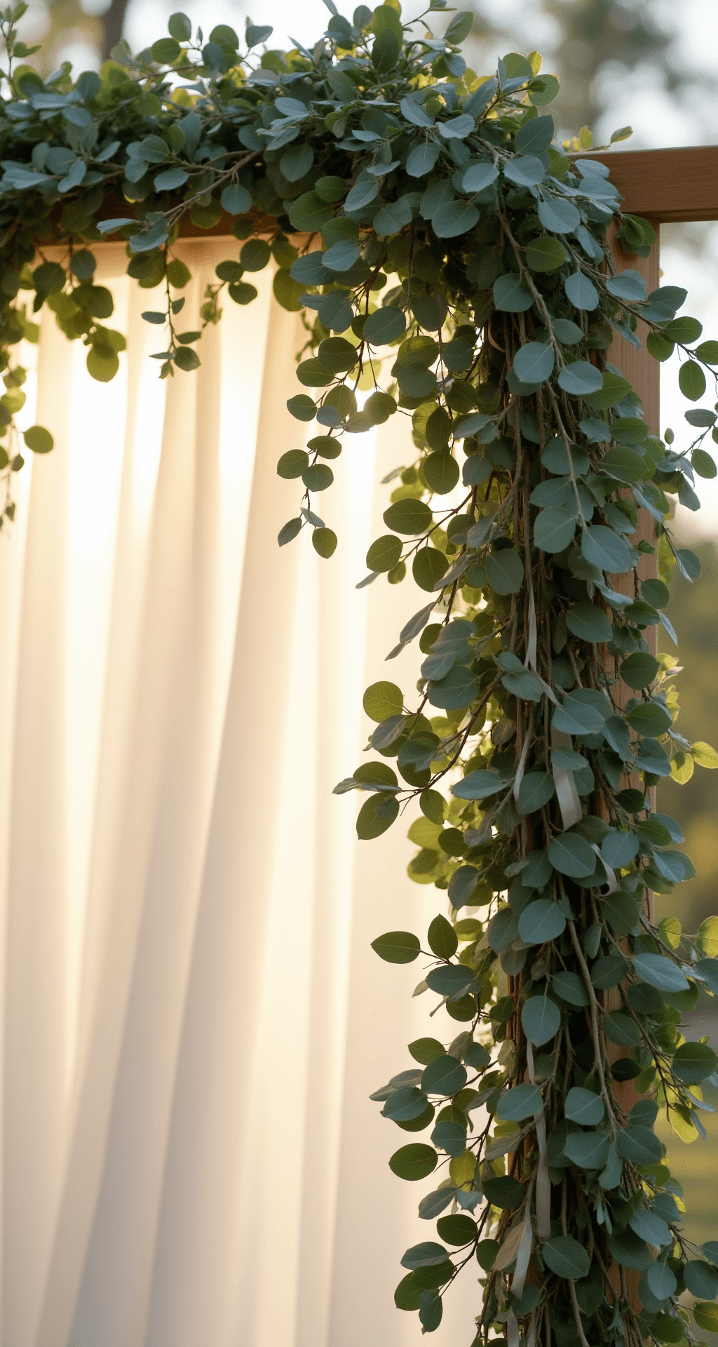 How to Use Wedding Garlands to Create Stunning Ceremony and Reception Décor A close-up of a lush wedding arch adorned with cascading greenery, featuring soft eucalyptus leaves against an ivory backdrop, illuminated by golden hour sunlight that creates delicate shadows. The intricate layering of sage and silver-green leaves is complemented by a subtle silk champagne ribbon woven through the garland.