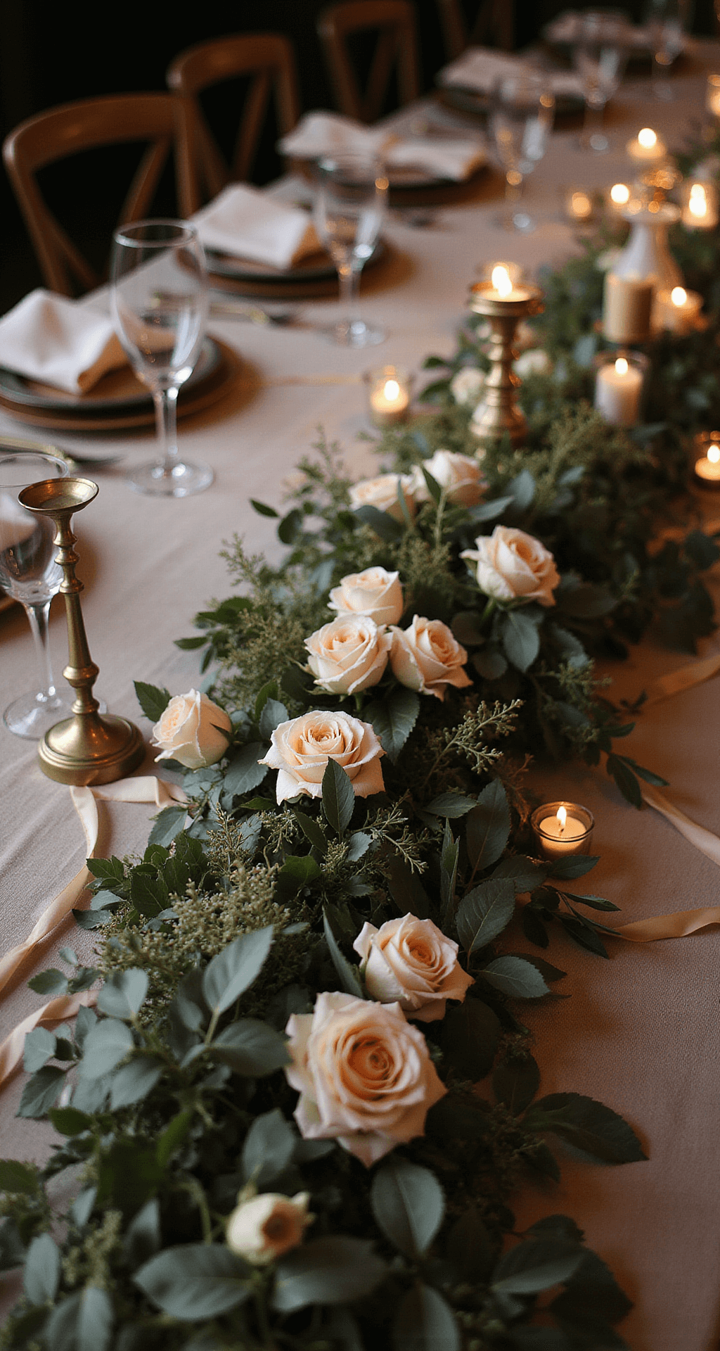 How to Use Wedding Garlands to Create Stunning Ceremony and Reception Décor An elegant reception table adorned with a lush greenery and floral garland of blush garden roses and ranunculus, accented by antique brass candlesticks and crystal glassware, all captured in warm, moody evening lighting.
