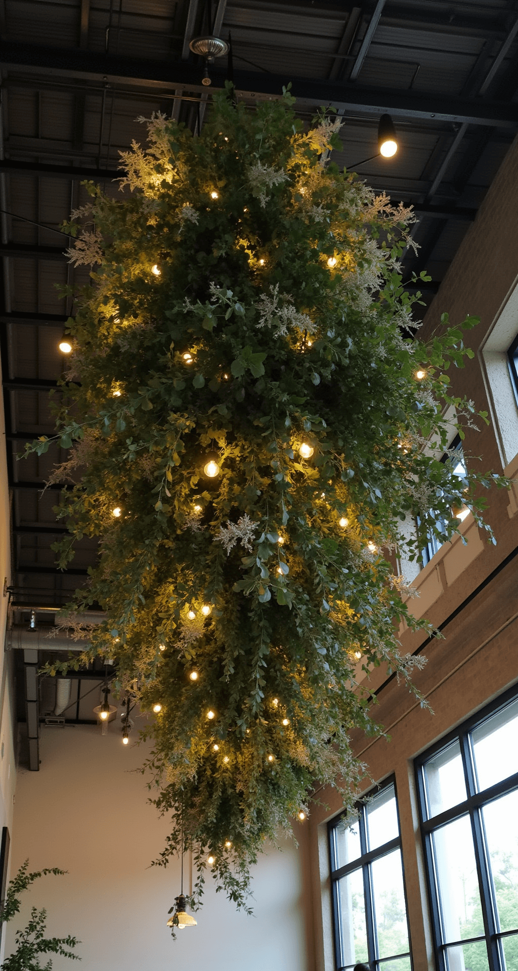 How to Use Wedding Garlands to Create Stunning Ceremony and Reception Décor A stunning overhead garland installation in a modern industrial venue, featuring layered greenery including Italian ruscus, leather leaf, and silvery dusty miller, accented by geometric brass elements and woven fairy lights, creating a magical, enchanted forest effect in soft evening lighting.
