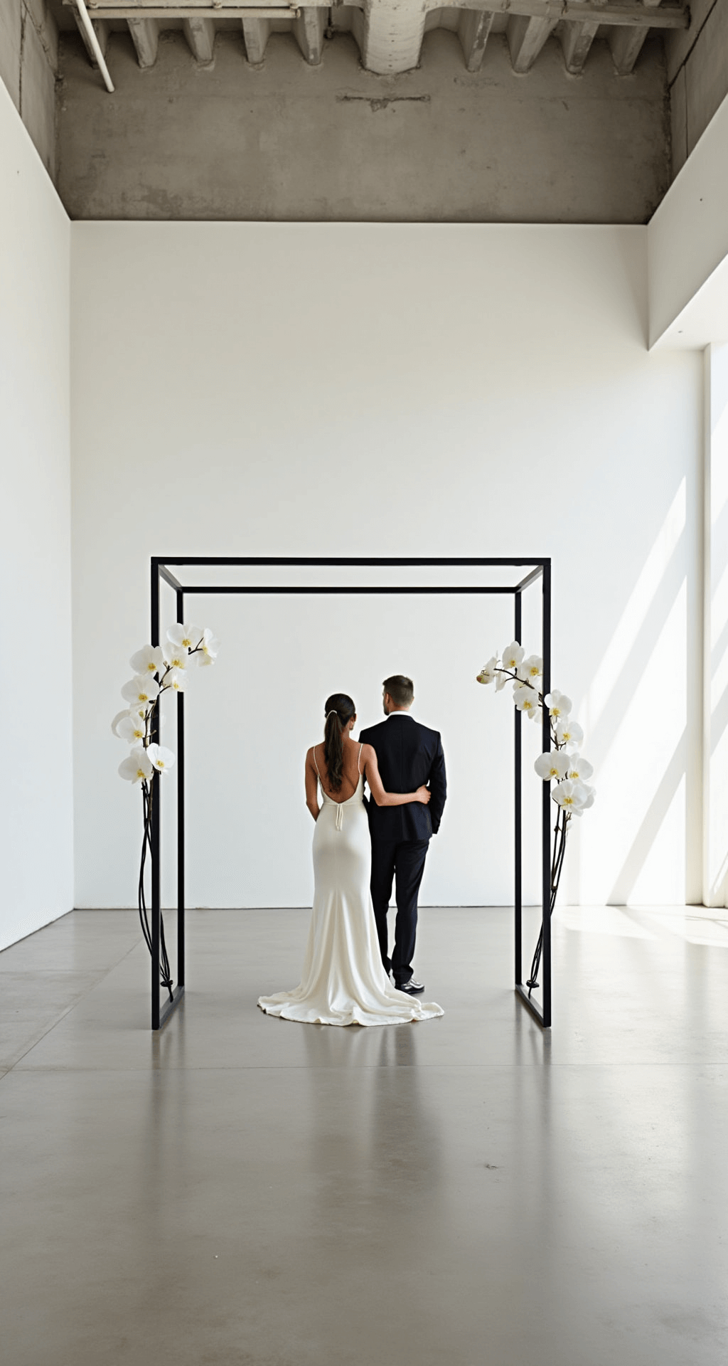 The Complete Guide to Minimalist Wedding Decor: Creating Elegance Through Simplicity A minimalist wedding ceremony in a bright modern art gallery with white walls, a sleek black geometric arch with white orchids, a bride in a silk column dress, and her partner, illuminated by natural light through large windows.