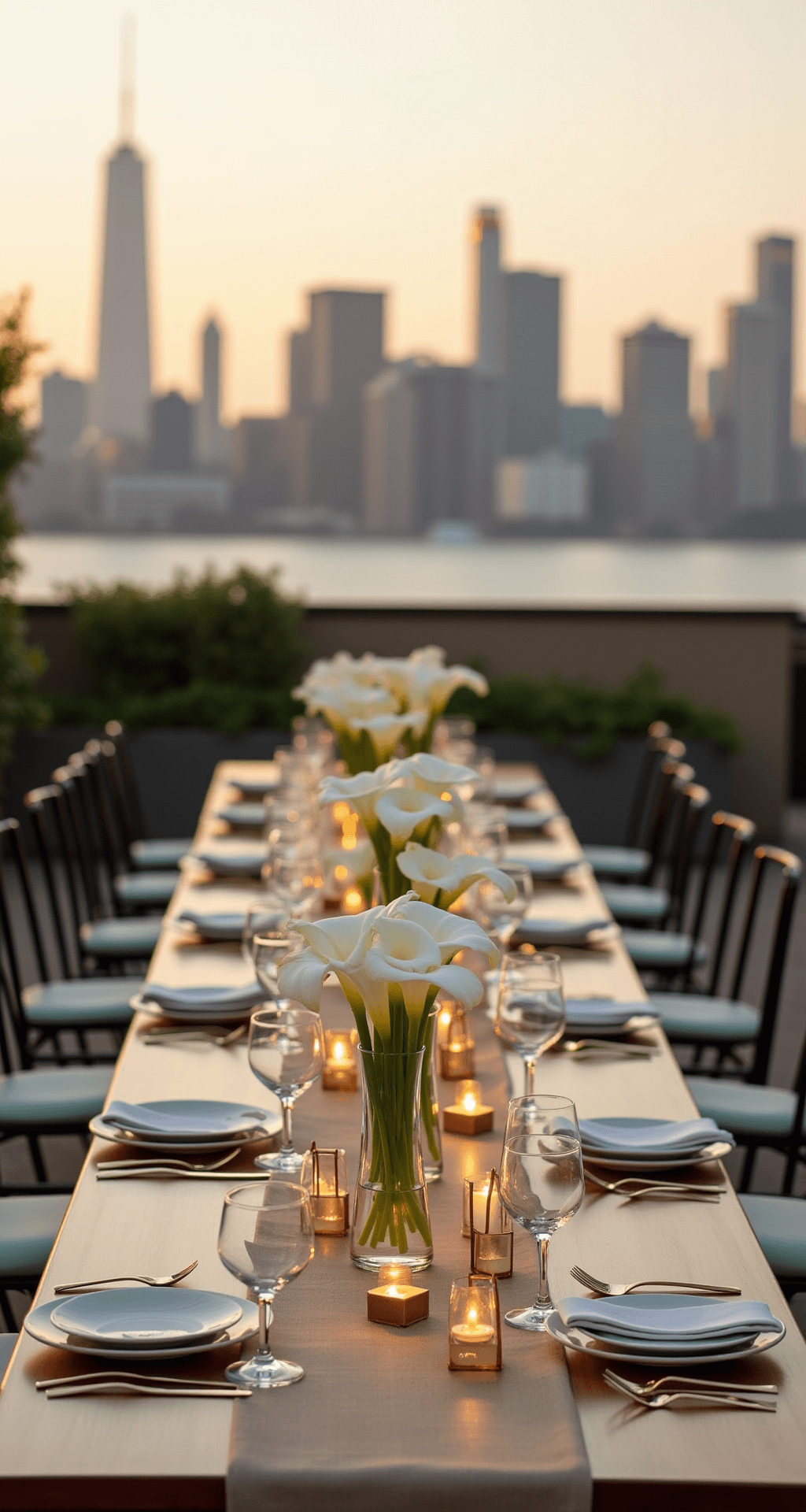 The Complete Guide to Minimalist Wedding Decor: Creating Elegance Through Simplicity A rooftop wedding reception at golden hour, with long wooden tables dressed in natural linen runners, geometric brass candleholders, single white calla lilies in tall glass vases, sage green accents, and a dramatic city skyline backdrop.