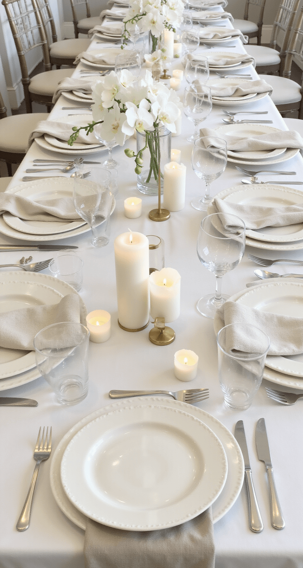 The Complete Guide to Minimalist Wedding Decor: Creating Elegance Through Simplicity A refined reception tablescape with a monochromatic palette of whites and creams, showcasing hand-thrown ceramic plates in soft ivory, brushed brass candle holders with thin white pillar candles, a clear glass cylinder holding white phalaenopsis orchids as a striking centerpiece, and elegantly folded natural linen napkins.