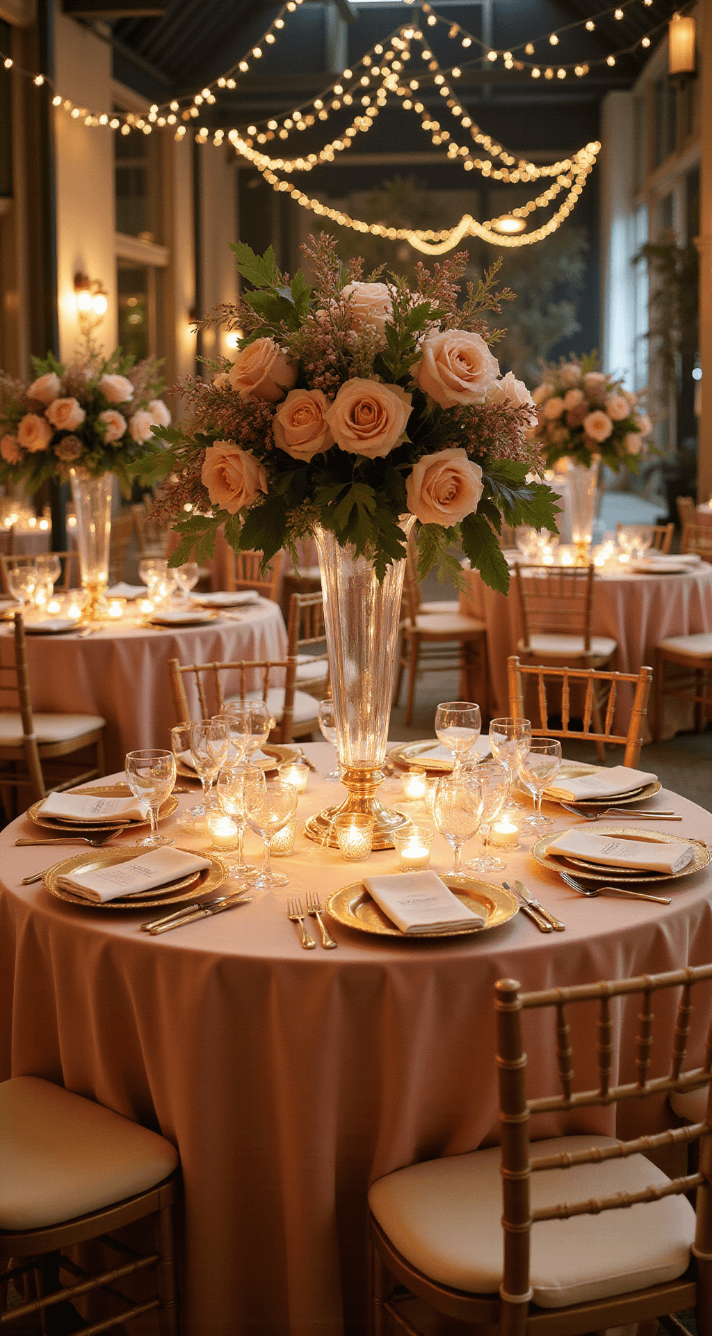 How to Decorate Round Wedding Tables That'll Make Your Guests Say "Wow" A wide-angle view of a luxurious wedding reception featuring blush floor-length linens on round tables, golden charger plates, tall crystal vases with garden roses and ranunculuses as centerpieces, and soft fairy lights overhead, all illuminated by warm, romantic lighting during golden hour.