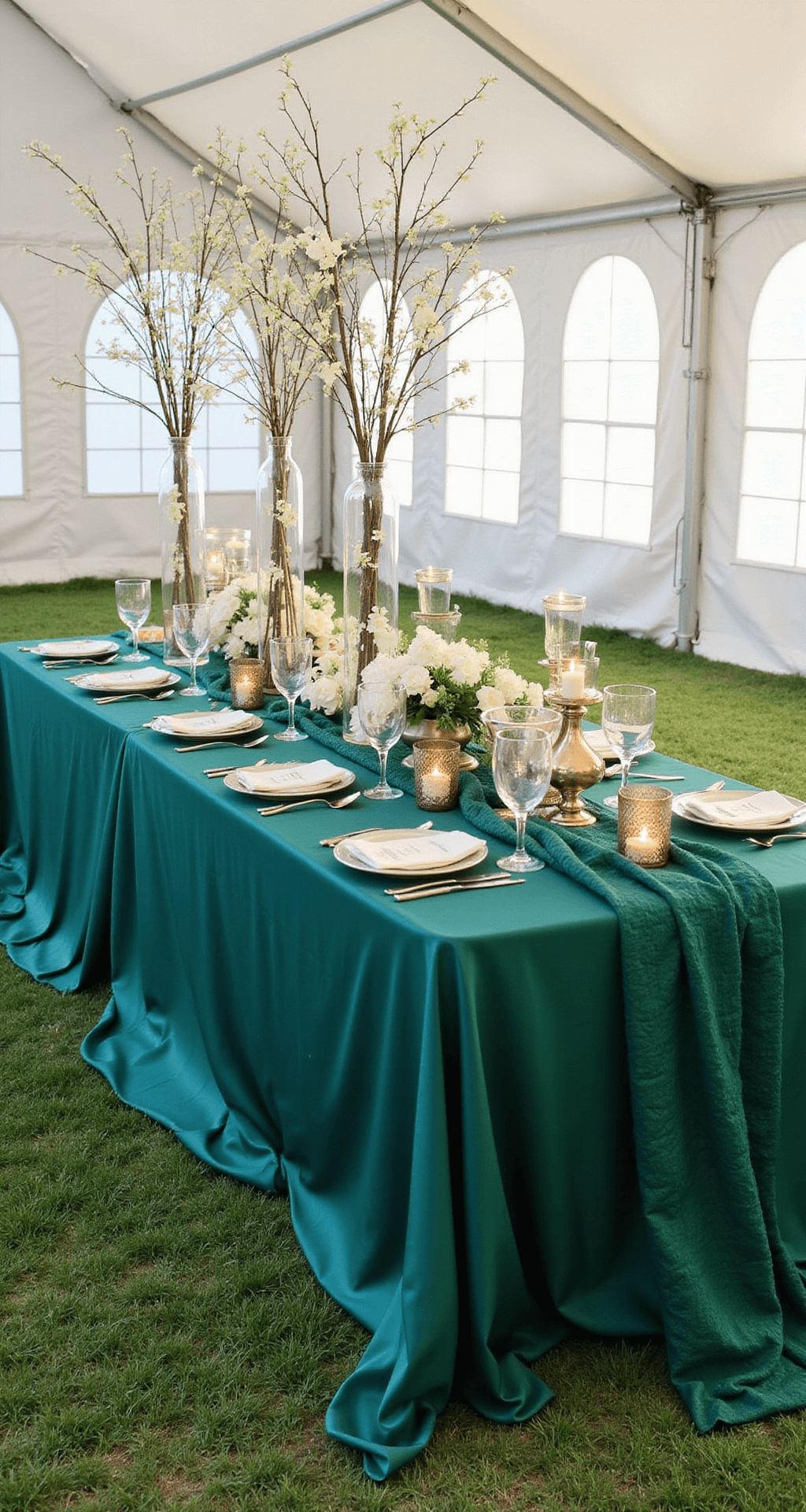 How to Decorate Round Wedding Tables That'll Make Your Guests Say "Wow" An elegant outdoor wedding table setup under a white tent, featuring deep emerald floor-length linens, textured silk fabric, elevated glass vases with branches and white orchids as the centerpiece, and clustered mercury glass votives casting a warm glow, captured from an overhead perspective.