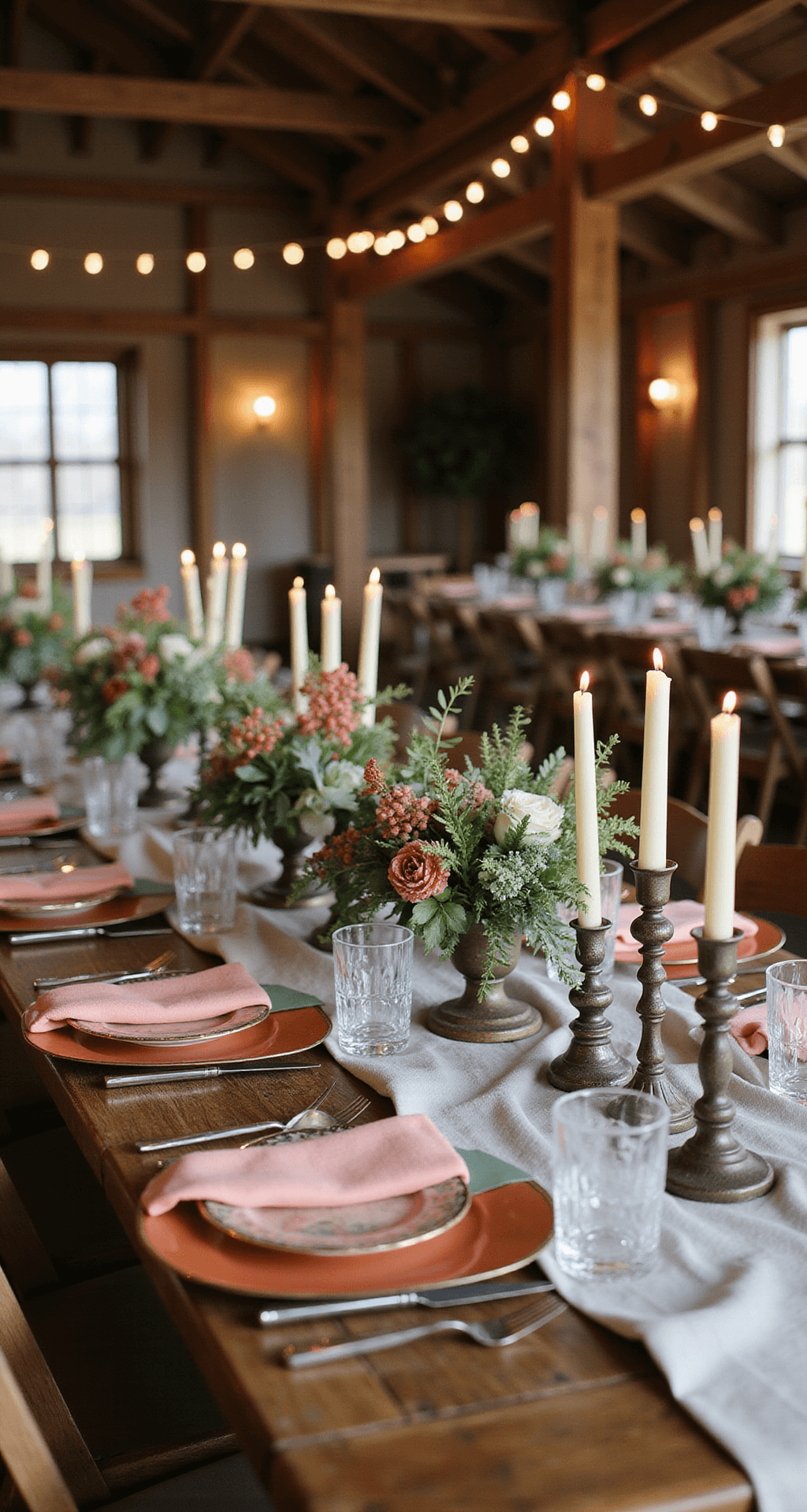 How to Decorate Round Wedding Tables That'll Make Your Guests Say "Wow" A rustic barn wedding reception featuring wooden tables with low floral arrangements of hypericum berries and eucalyptus in a terracotta and sage color palette, complemented by mismatched metallic candle holders and textured linen runners, all softly lit by warm candlelight.