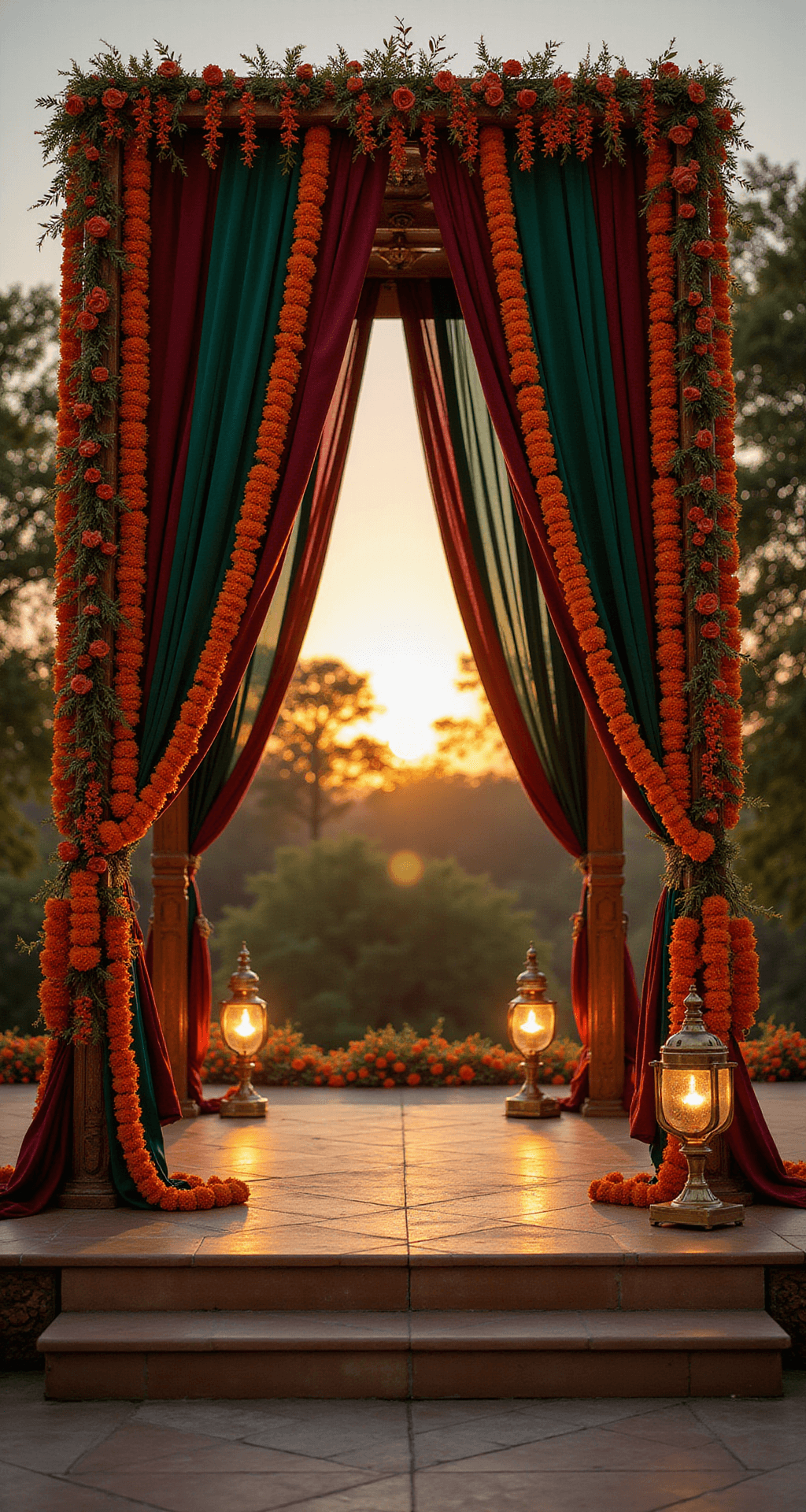 How to Create Stunning Indian Wedding Decor That Honors Tradition and Impresses Your Guests A beautifully designed Indian wedding mandap at golden hour, featuring deep maroon silk and emerald green velvet draped pillars adorned with marigold and jasmine garlands, illuminated by soft fairy lights and surrounded by brass lamps, creating a romantic and ethereal atmosphere.
