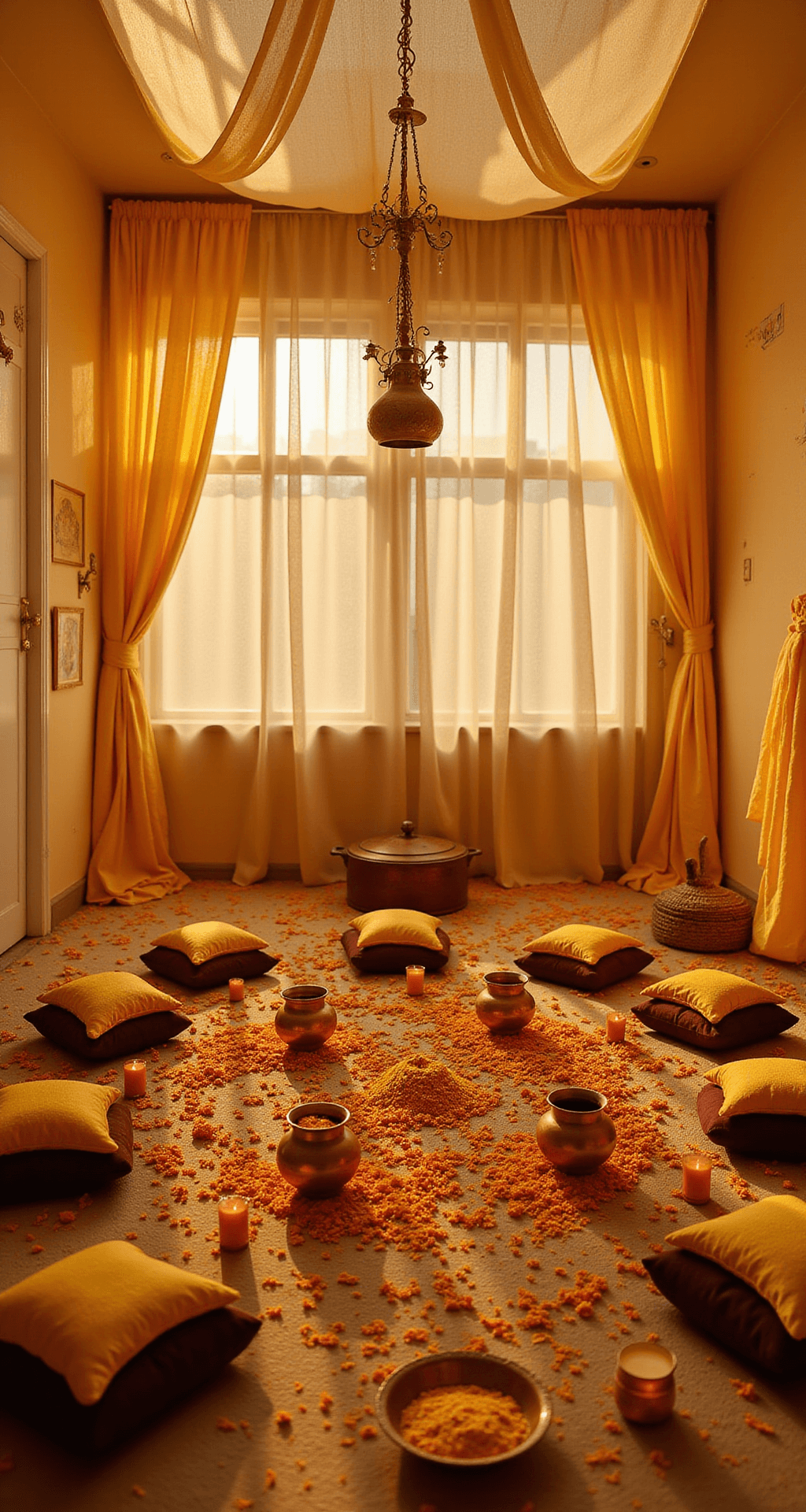 How to Create Stunning Indian Wedding Decor That Honors Tradition and Impresses Your Guests An intimate Haldi ceremony space with warm golden tones, featuring cream and yellow fabric drapes, brass copper pots of turmeric paste, marigold petals on the ground, low cushioned seating, and warm candlelight, embodying the joyful essence of the pre-wedding ritual.