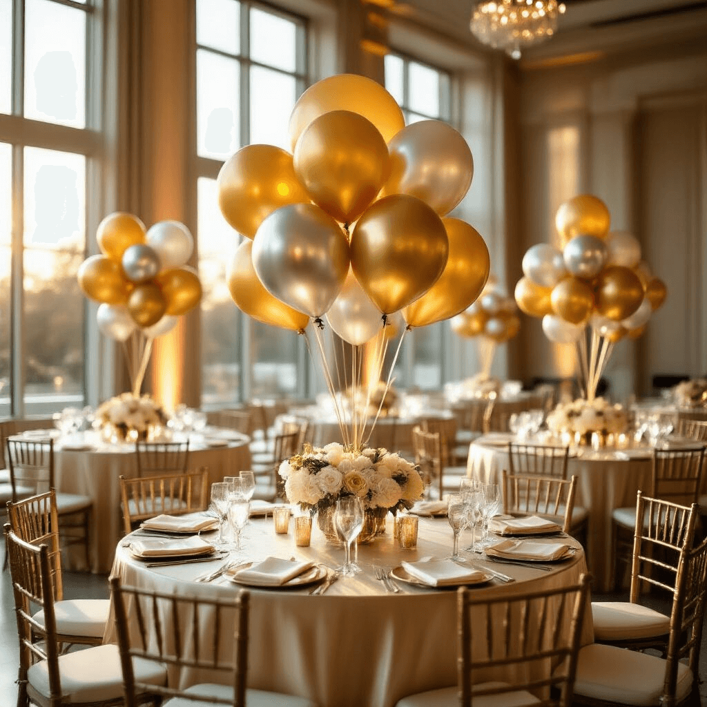 Stunning 60th Birthday Balloon Decorations: Your Ultimate Guide Elegant indoor ballroom at golden hour with champagne silk-draped round tables, prismatic foil balloon centerpieces in gold and silver, and soft sunlight illuminating marble floors, complemented by crystal glassware and ivory napkins.