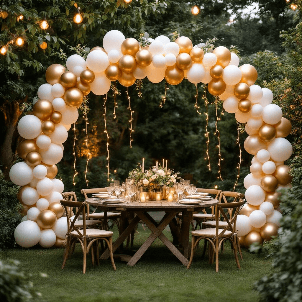 Stunning 60th Birthday Balloon Decorations: Your Ultimate Guide A stylish backyard garden party with a DIY balloon garland in chrome gold, beige, white, and green, rustic wooden tables, twinkling fairy lights, and rose gold accents, captured in a cinematic overhead shot among lush greenery.