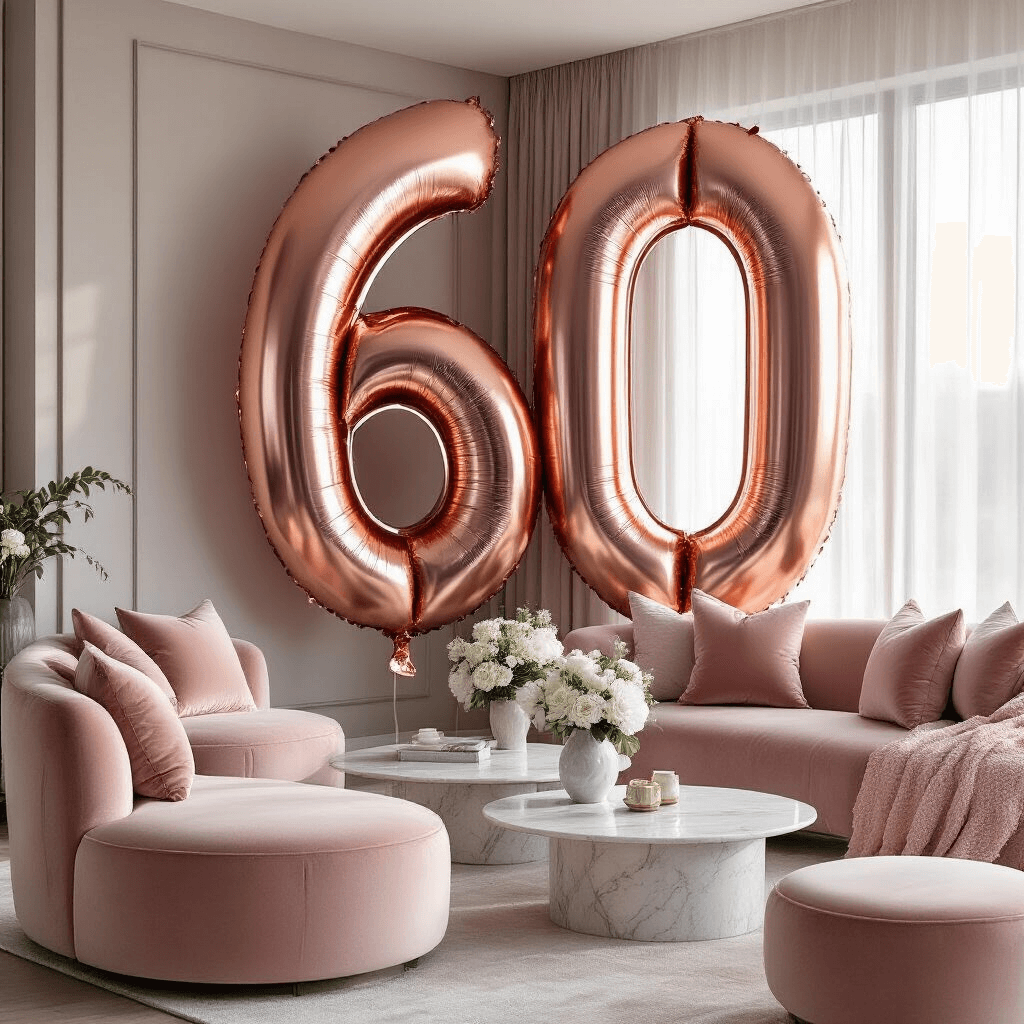 Stunning 60th Birthday Balloon Decorations: Your Ultimate Guide Modern apartment living room featuring a dramatic 6-foot tall rose gold '60' balloon display, illuminated by soft morning light filtering through sheer curtains, surrounded by blush pink velvet cushions and low marble coffee tables, complemented by fresh white florals and delicate pink balloons.