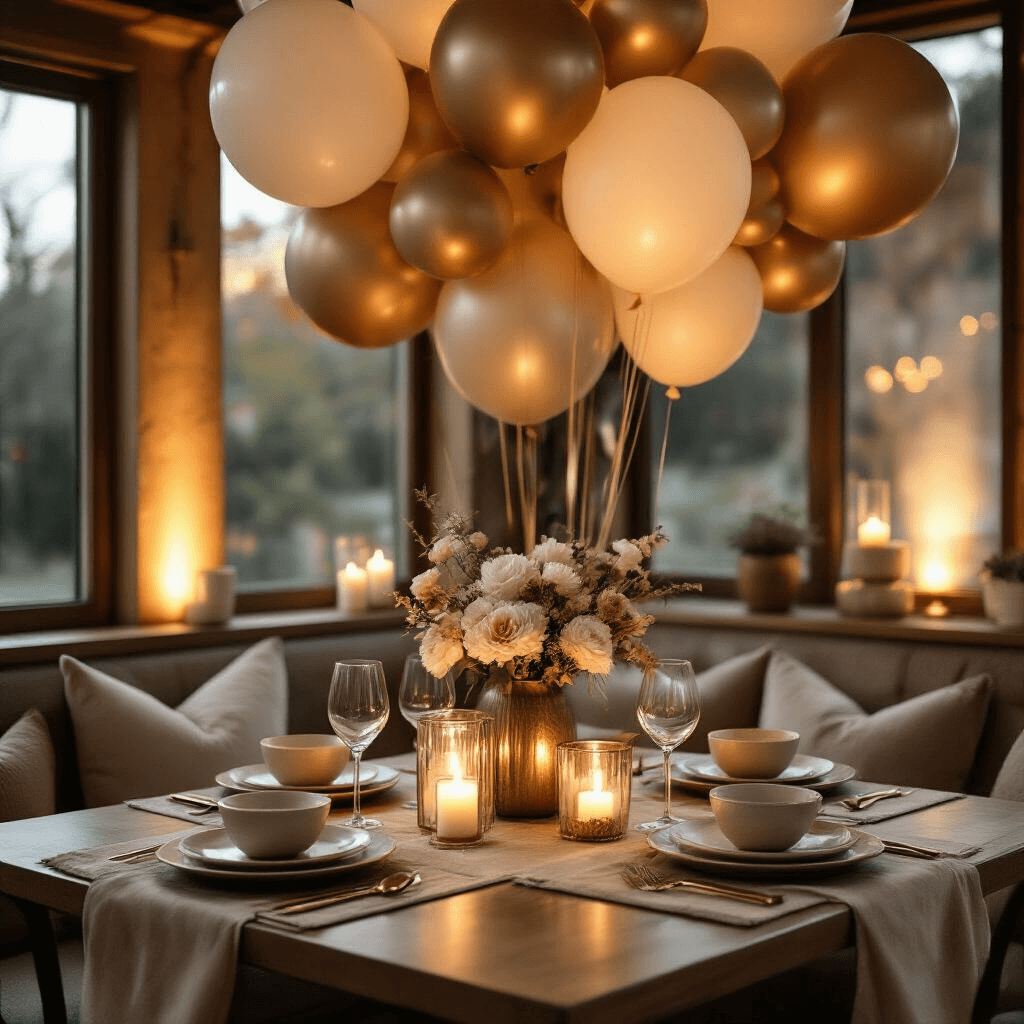 Stunning 60th Birthday Balloon Decorations: Your Ultimate Guide Intimate dining nook featuring mixed balloon arrangements in soft beige and gold accents, warm latte on polished wooden surfaces, illuminated by soft candle glow, with elegant ceramic place settings and silk table runners, showcasing layered textures and a sophisticated color palette.