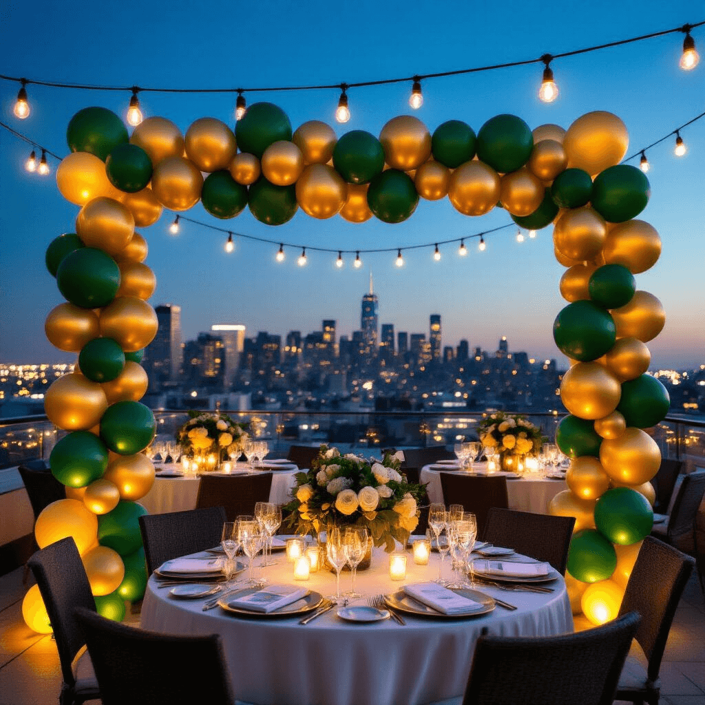 Stunning 60th Birthday Balloon Decorations: Your Ultimate Guide A luxurious rooftop terrace celebration at night, adorned with eucalyptus green and metallic gold balloons, string lights, and round cocktail tables with white linens, set against a vibrant urban skyline.